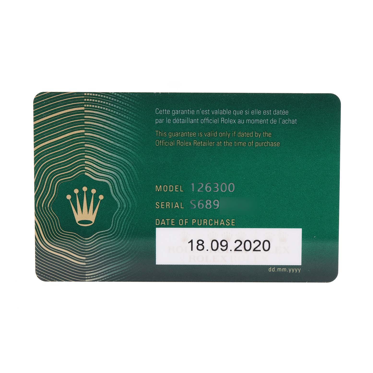 This is the guarantee card for the Rolex Datejust 41 126300 Men
s Stainless Steel Grey Dial 126300 Men
s Stainless Steel Grey Dial model, displaying model number 126300, serial number S689, and purchase date 18.09.2020.