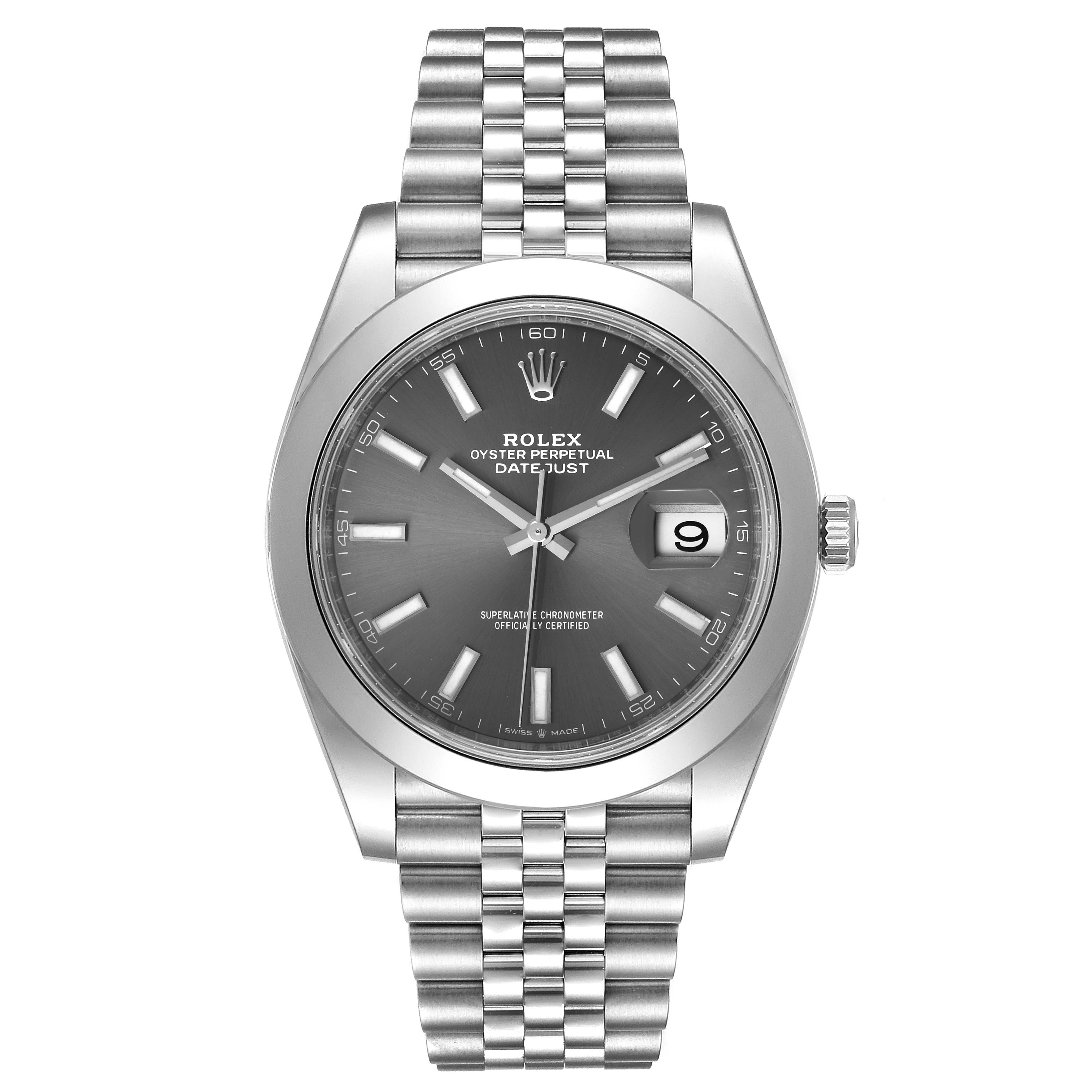 This is a front view of the Rolex Datejust 41 126300 Men
s Stainless Steel Grey Dial 126300 Men
s Stainless Steel Grey Dial watch, displaying the dial, bezel, bracelet, and crown.