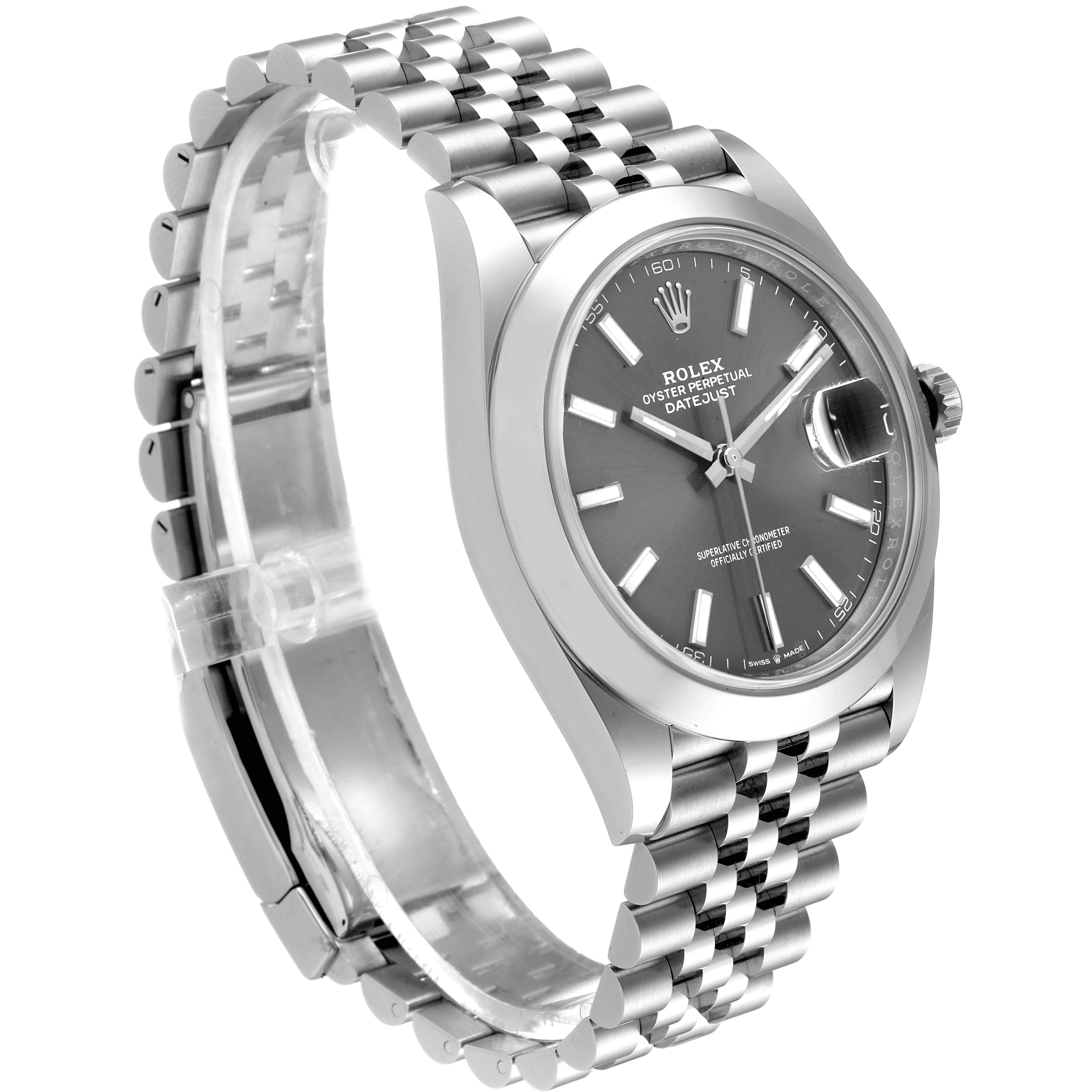 This image shows the Rolex Datejust 41 126300 Men
s Stainless Steel Grey Dial 126300 Men
s Stainless Steel Grey Dial watch from a side angle, displaying the face, bezel, and jubilee bracelet.