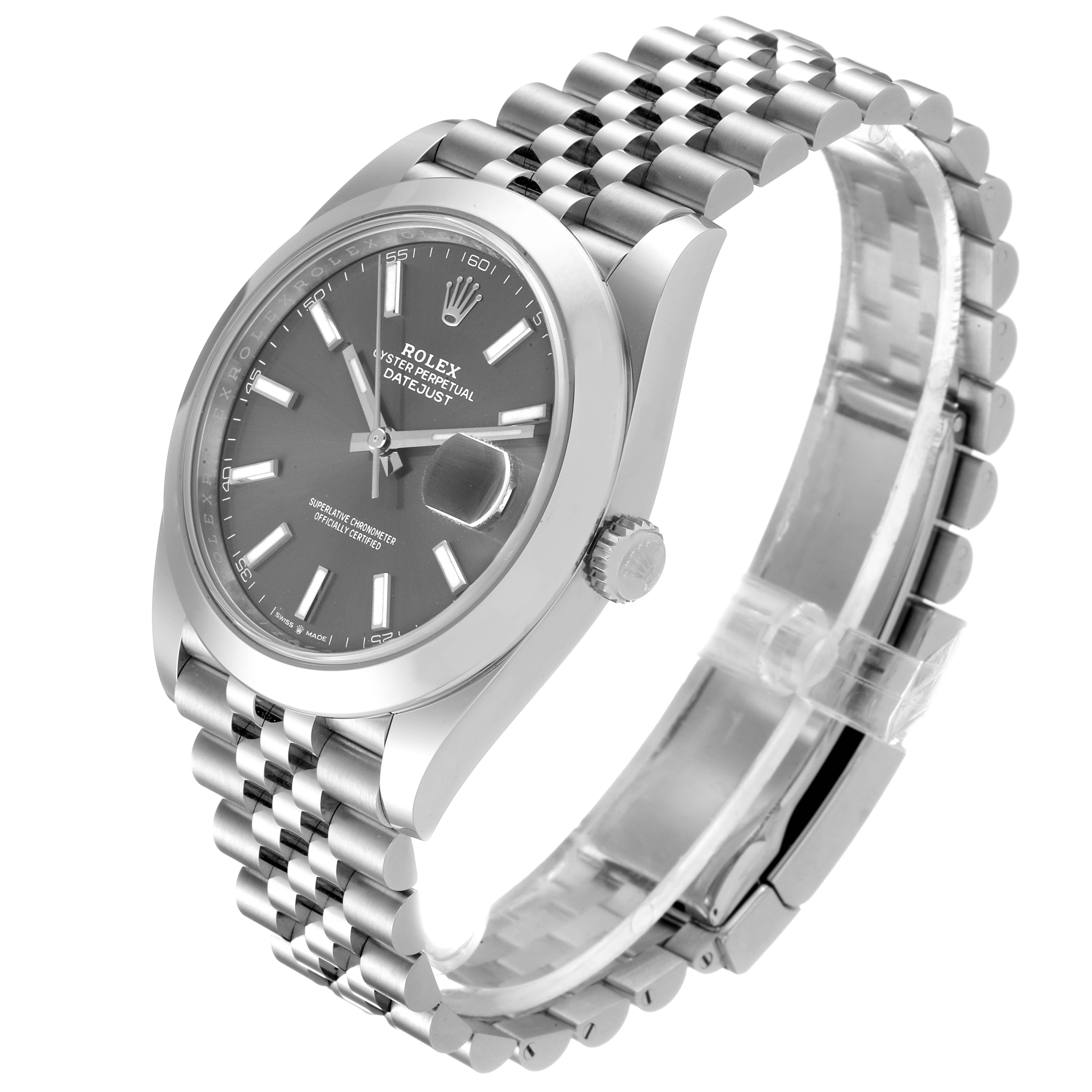 The Rolex Datejust 41 126300 Men
s Stainless Steel Grey Dial 126300 Men
s Stainless Steel Grey Dial is shown at an angled side view displaying its watch face, bezel, bracelet, and partially exposed clasp.