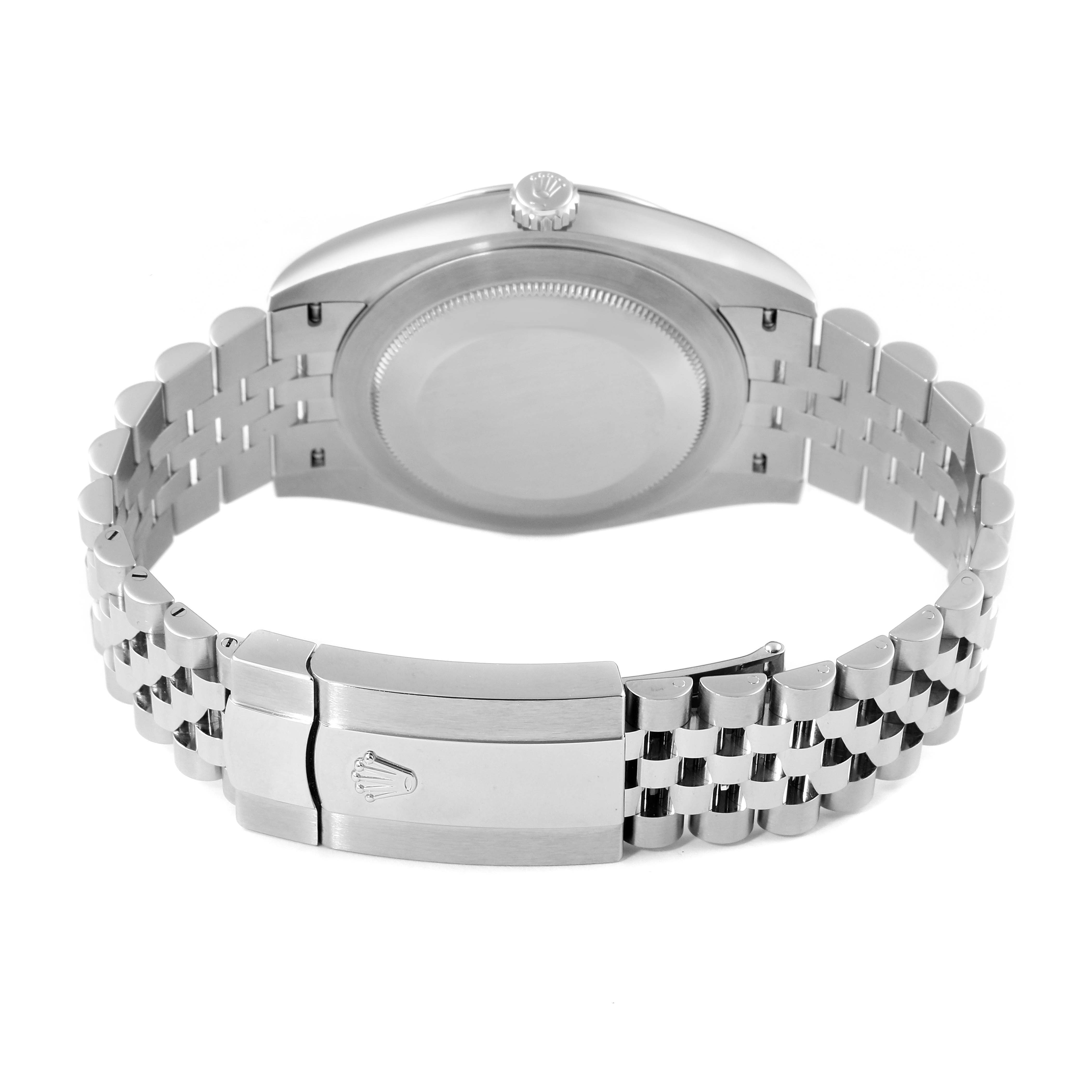 This image shows the back side of the Rolex Datejust 41 126300 Men
s Stainless Steel Grey Dial 126300 Men
s Stainless Steel Grey Dial watch, focusing on the case back and the jubilee bracelet with its clasp.