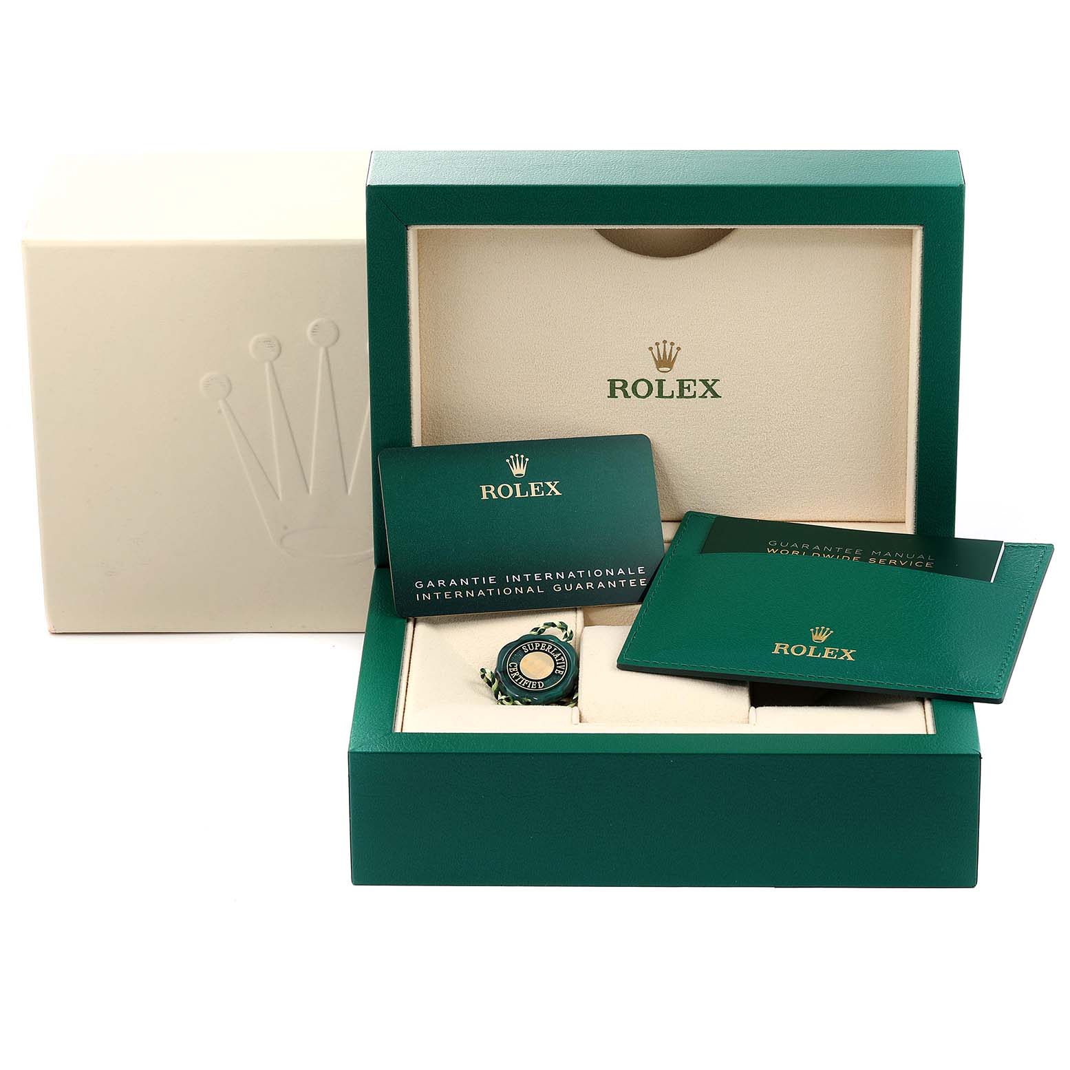 The image shows the packaging, guarantee card, and manual for the Rolex Datejust 41 126300 Men's Stainless Steel Silver Dial 126300 Men's Stainless Steel Silver Dial model.