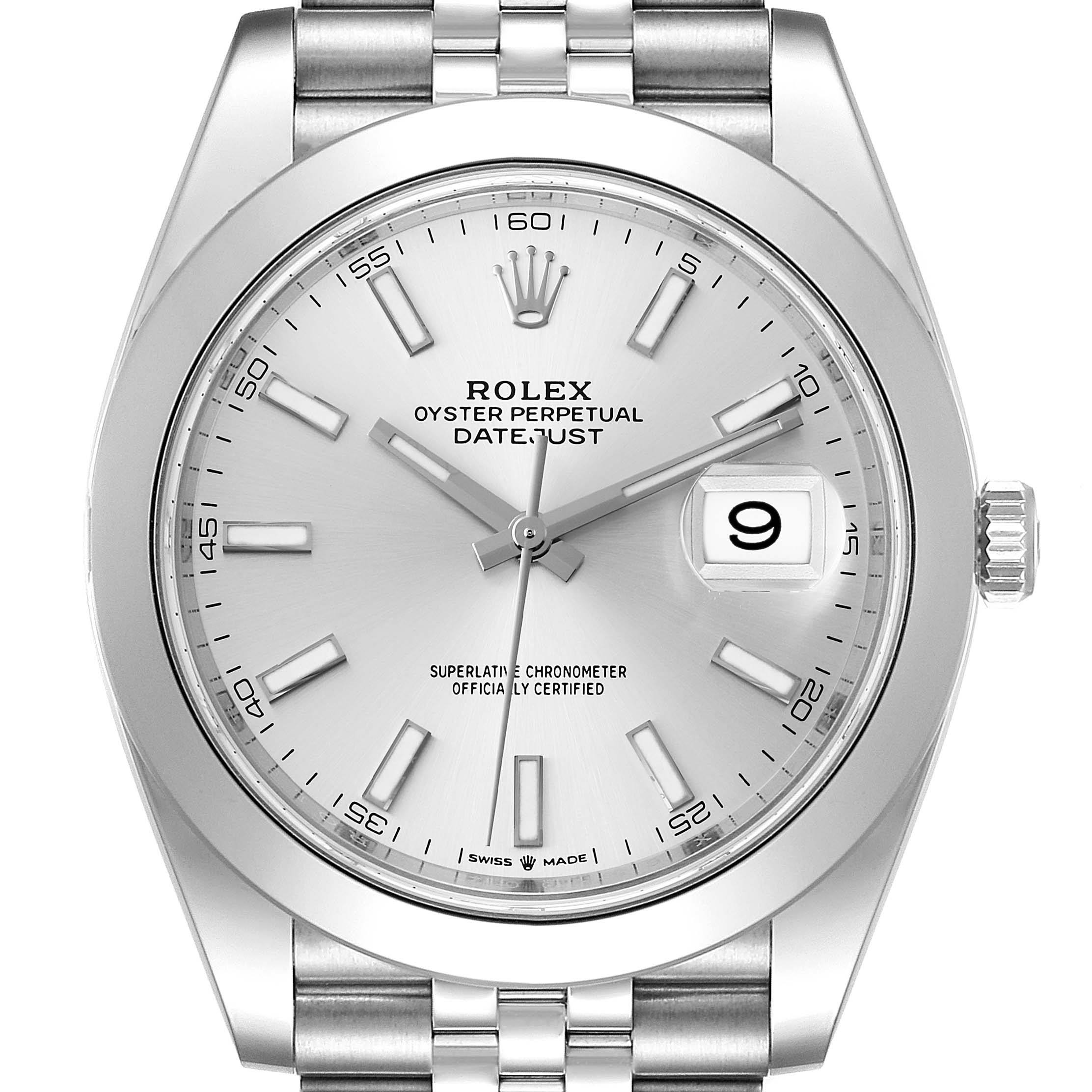 The image shows the face of a Rolex Datejust 41 126300 Men's Stainless Steel Silver Dial 126300 Men's Stainless Steel Silver Dial watch with its crown, bracelet, and date window prominently visible.