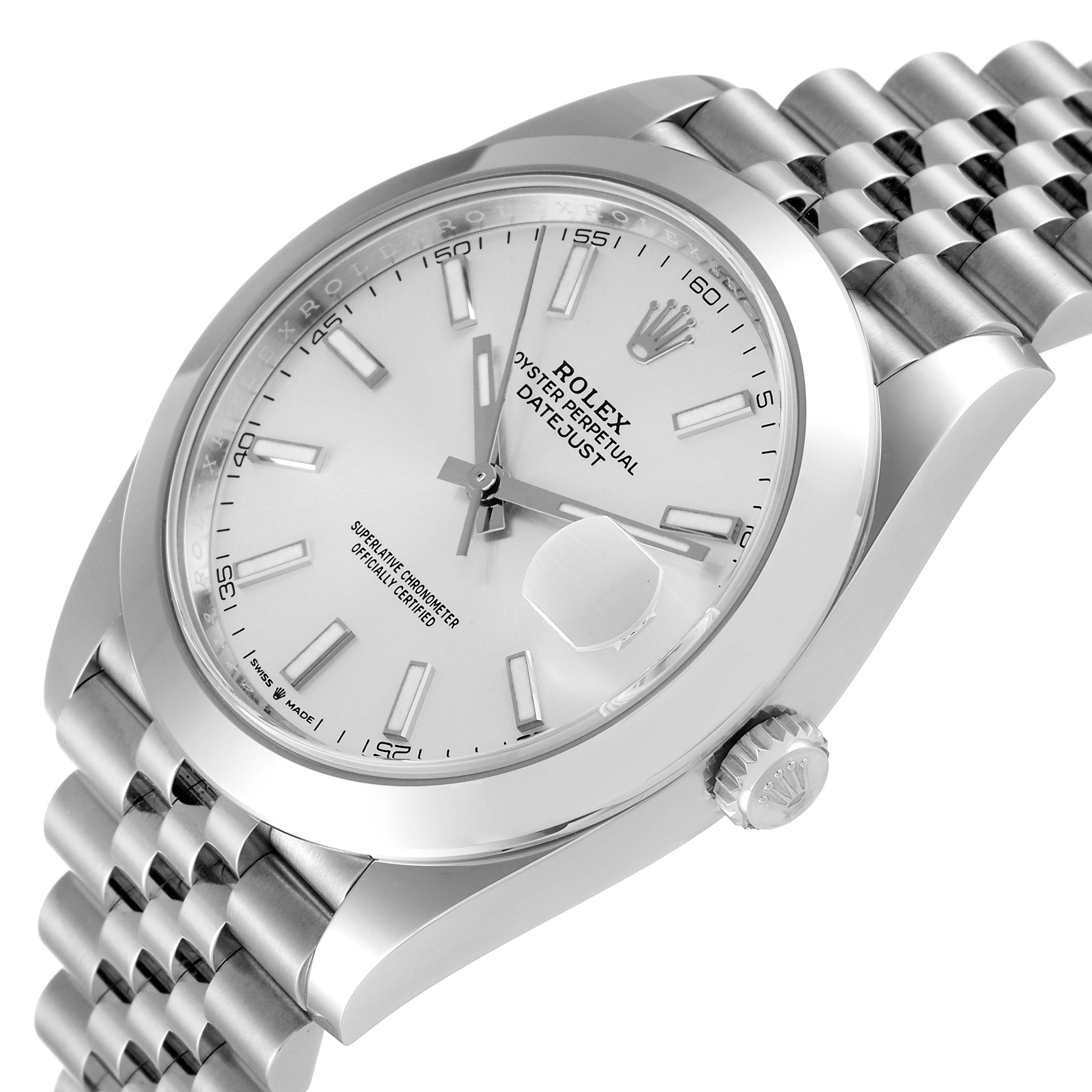 The Rolex Datejust 41 126300 Men's Stainless Steel Silver Dial 126300 Men's Stainless Steel Silver Dial watch is shown at an angled view, highlighting the dial, crown, and part of the bracelet.