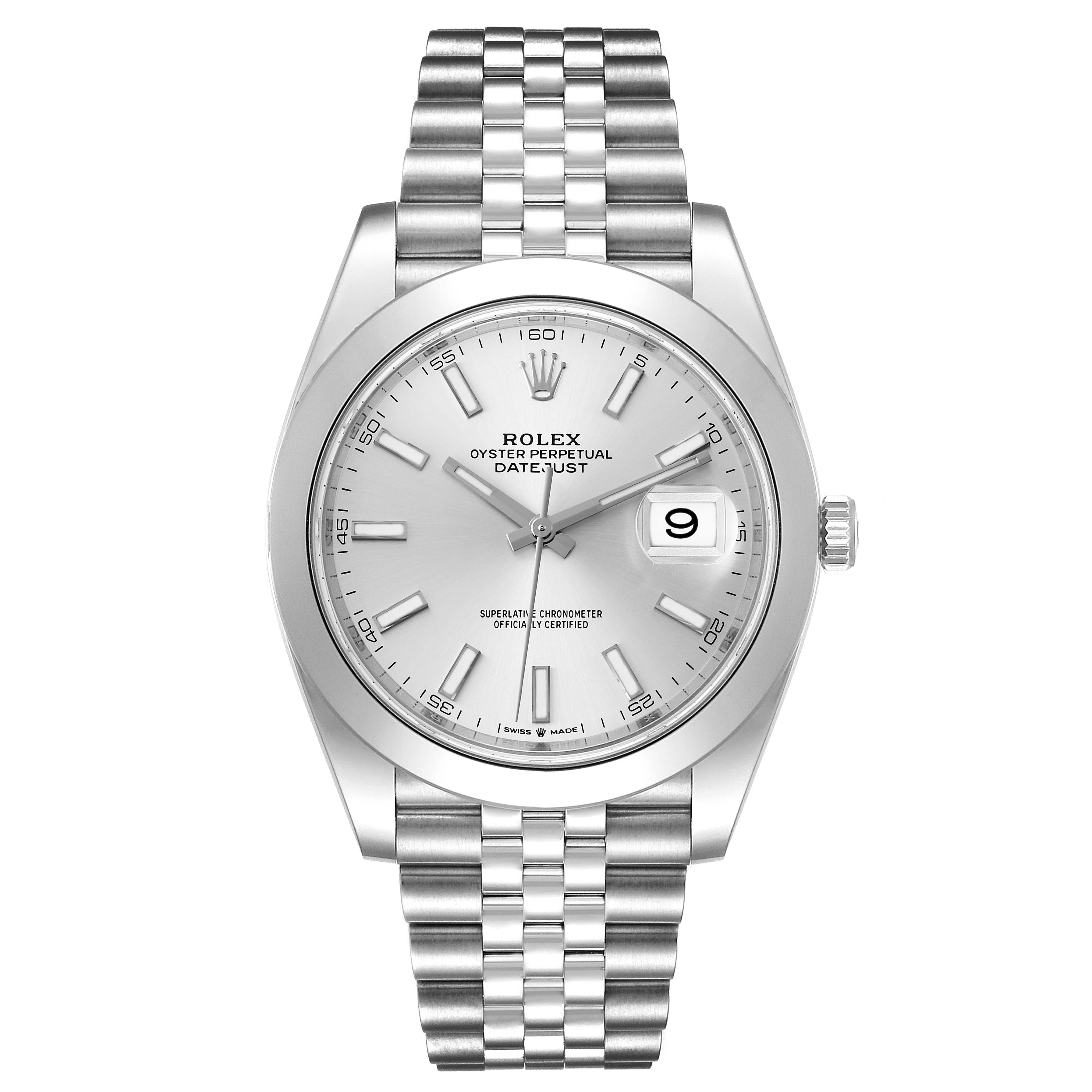 This image shows a Rolex Datejust 41 126300 Men's Stainless Steel Silver Dial 126300 Men's Stainless Steel Silver Dial watch from a front-facing angle, highlighting its dial, bezel, crown, and bracelet.