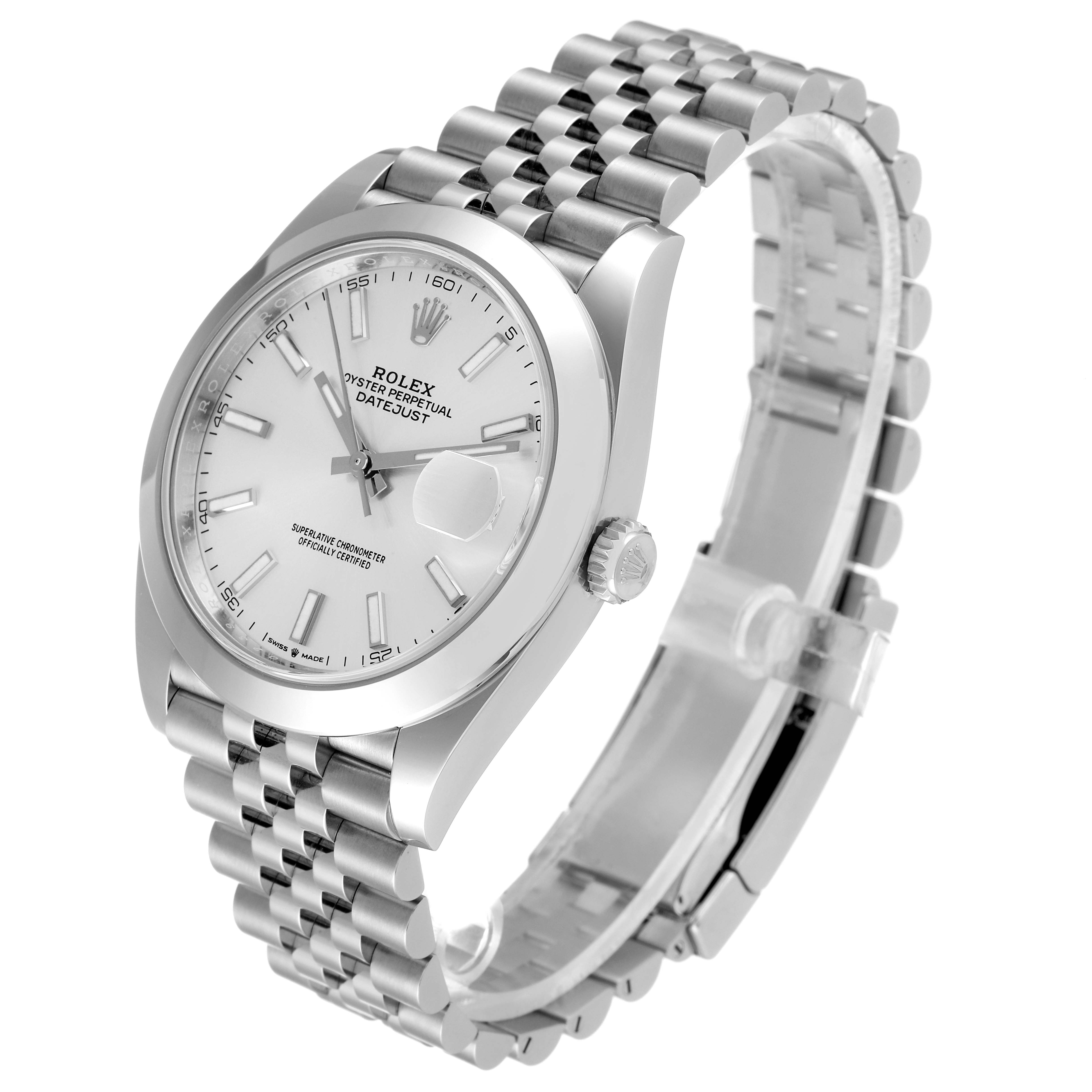 The Rolex Datejust 41 126300 Men's Stainless Steel Silver Dial 126300 Men's Stainless Steel Silver Dial watch is shown at a three-quarter angle, displaying the dial, crown, and bracelet.