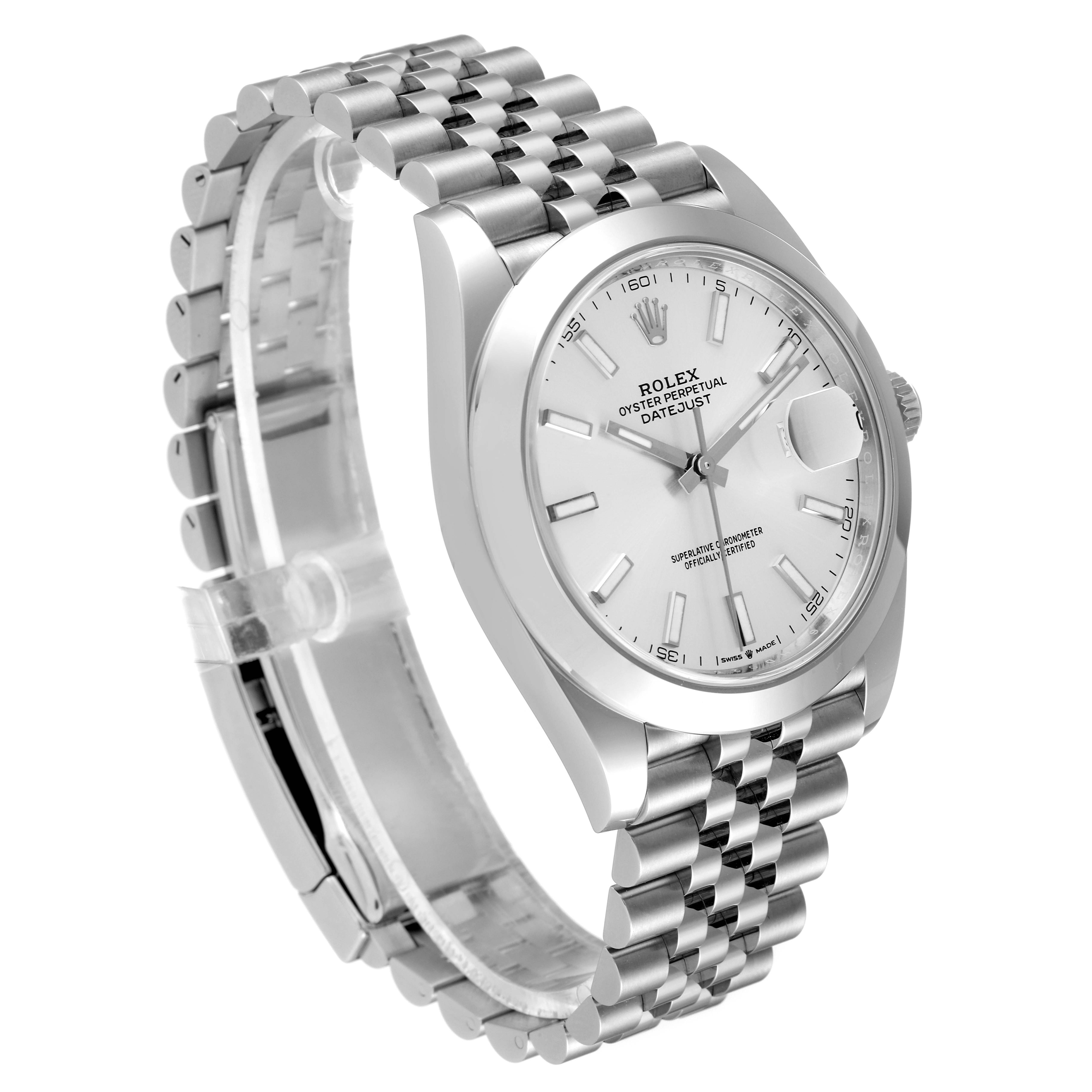 The image shows a Rolex Datejust 41 126300 Men's Stainless Steel Silver Dial 126300 Men's Stainless Steel Silver Dial model watch from a three-quarter angle, highlighting its silver dial and Jubilee bracelet.