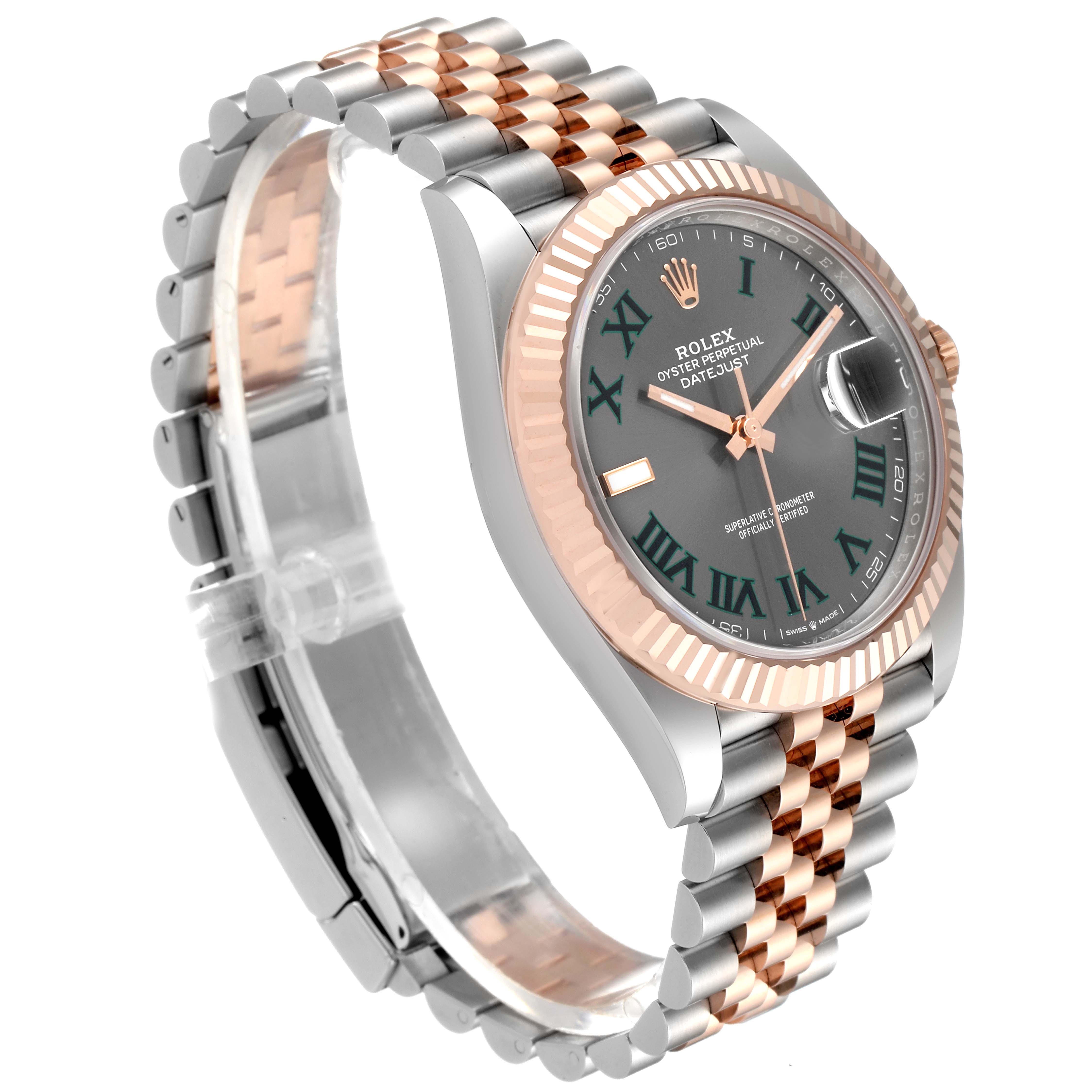 This Rolex Datejust 41 126331 Men's Steel and Gold (two tone) Grey Dial 126331 Men's Steel and Gold (two tone) Grey Dial is shown from a side angle, displaying the watch face, fluted bezel, and two-tone Jubilee bracelet.