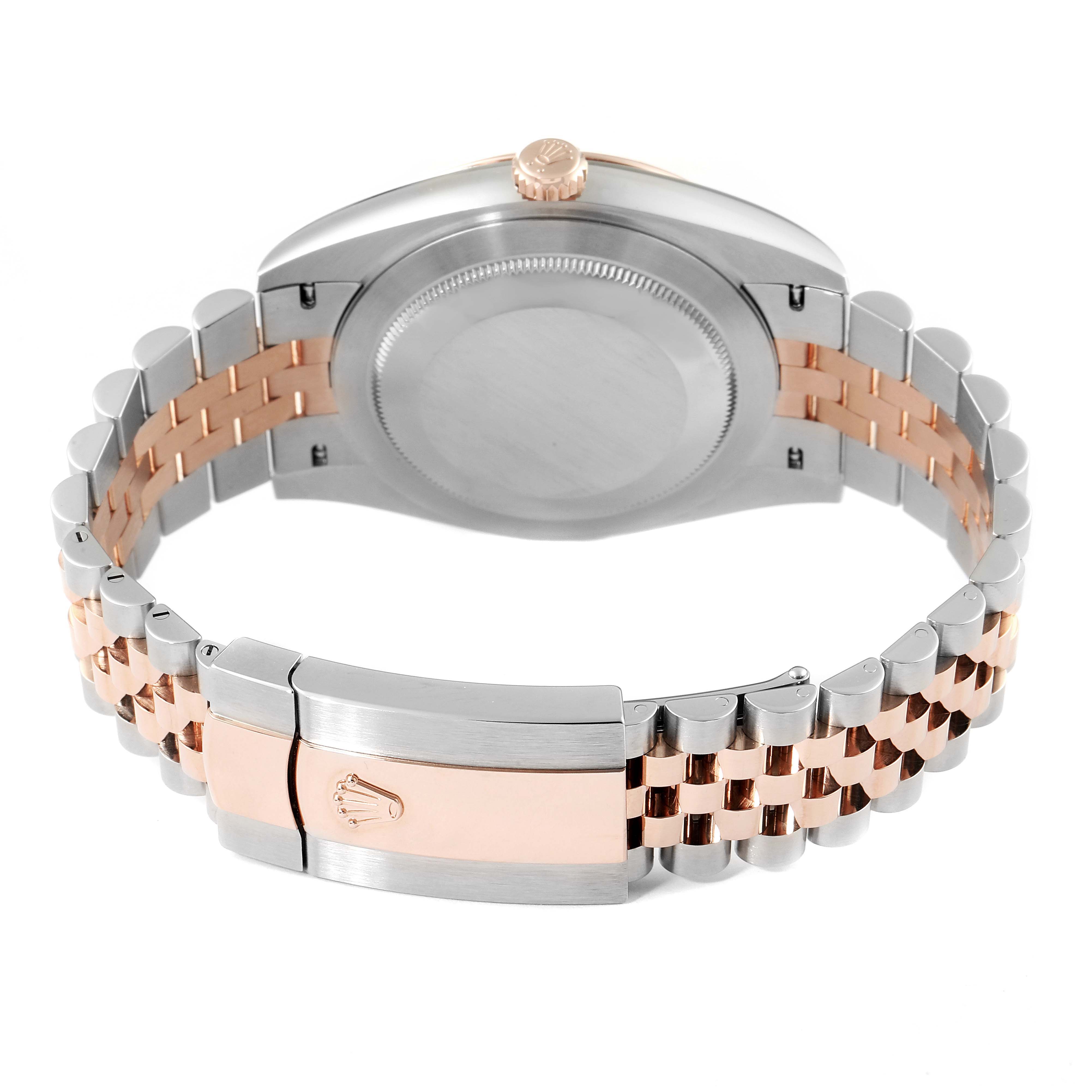 The image shows the back view of a Rolex Datejust 41 126331 Men's Steel and Gold (two tone) Grey Dial 126331 Men's Steel and Gold (two tone) Grey Dial, highlighting its case back and two-tone Jubilee bracelet with a clasp.