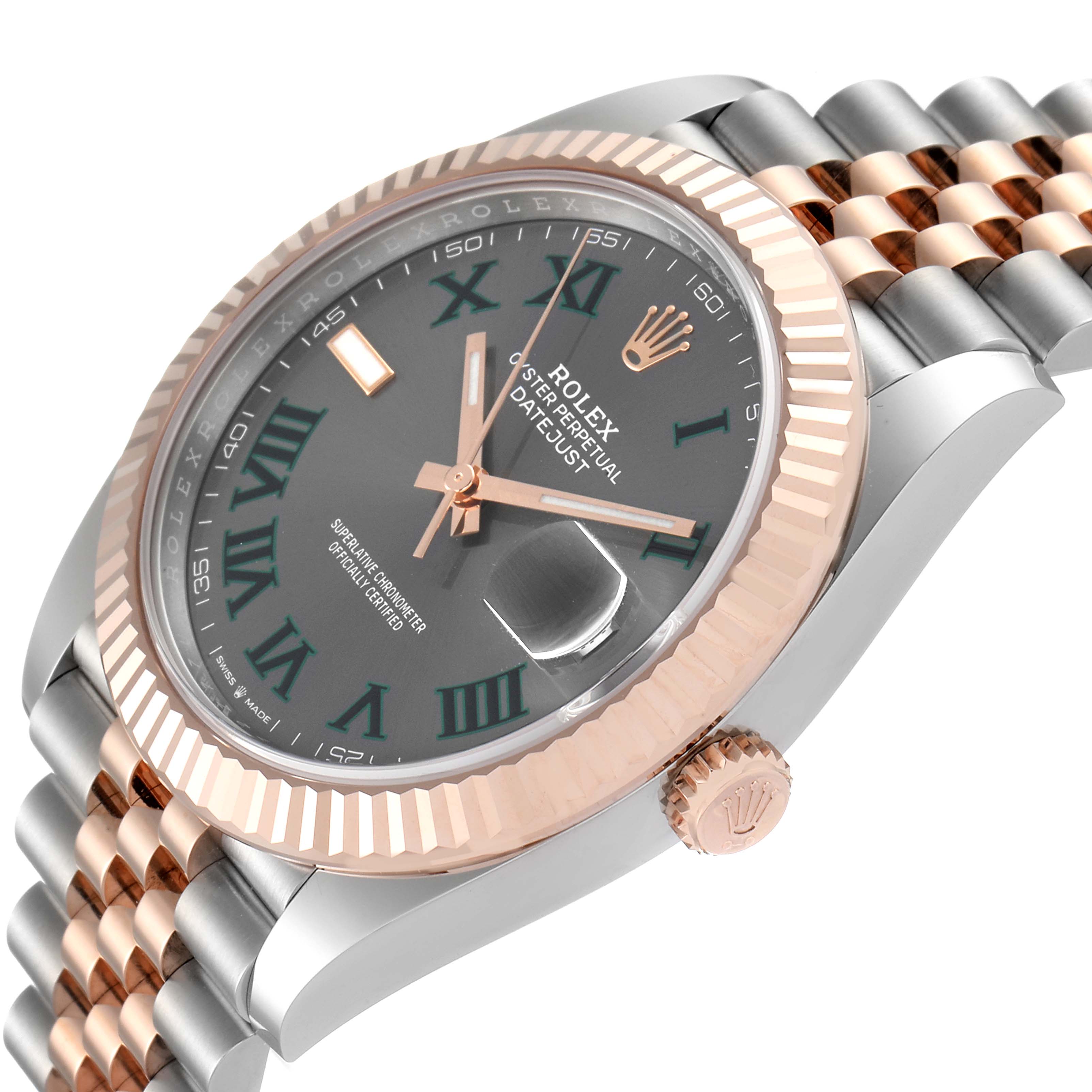 The image shows a side angle of the Rolex Datejust 41 126331 Men's Steel and Gold (two tone) Grey Dial 126331 Men's Steel and Gold (two tone) Grey Dial watch, highlighting its face, fluted bezel, crown, and two-tone Jubilee bracelet.