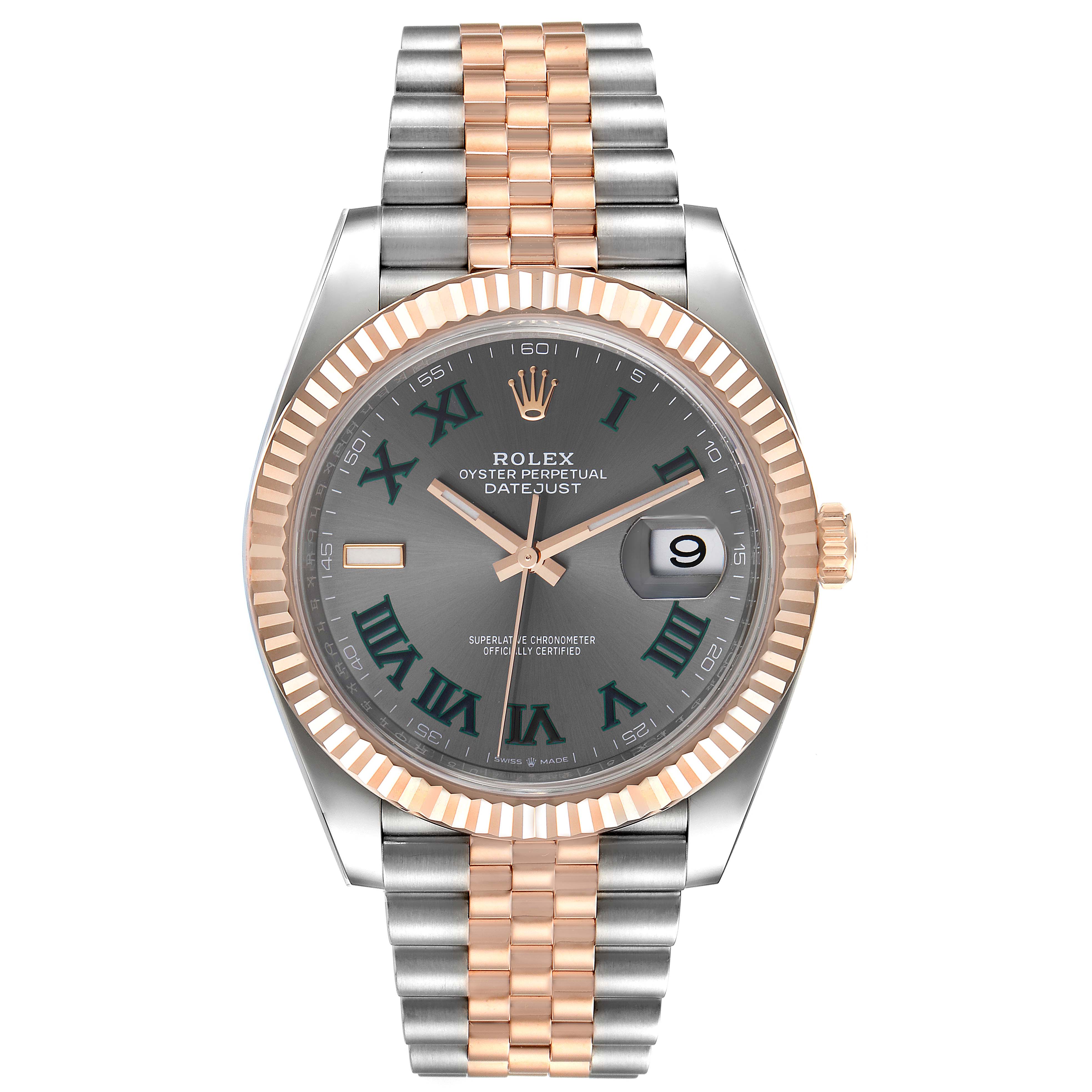 The Rolex Datejust 41 126331 Men's Steel and Gold (two tone) Grey Dial 126331 Men's Steel and Gold (two tone) Grey Dial watch is shown from a front angle, highlighting its face, bezel, and bracelet.
