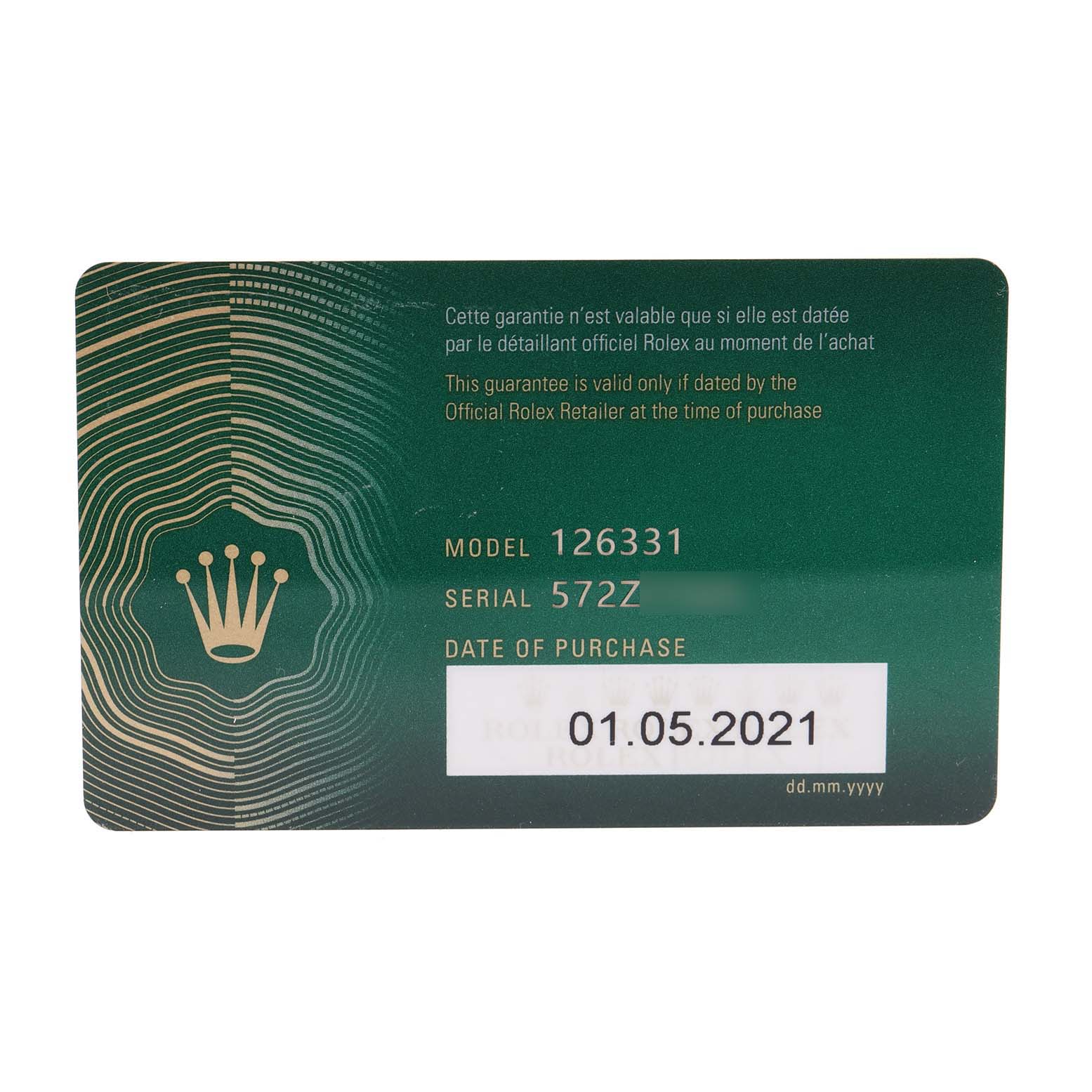 This image shows the warranty card for a Rolex Datejust 41 126331 Men's Steel and Gold (two tone) Grey Dial 126331 Men's Steel and Gold (two tone) Grey Dial, including the model number, serial number, and date of purchase.