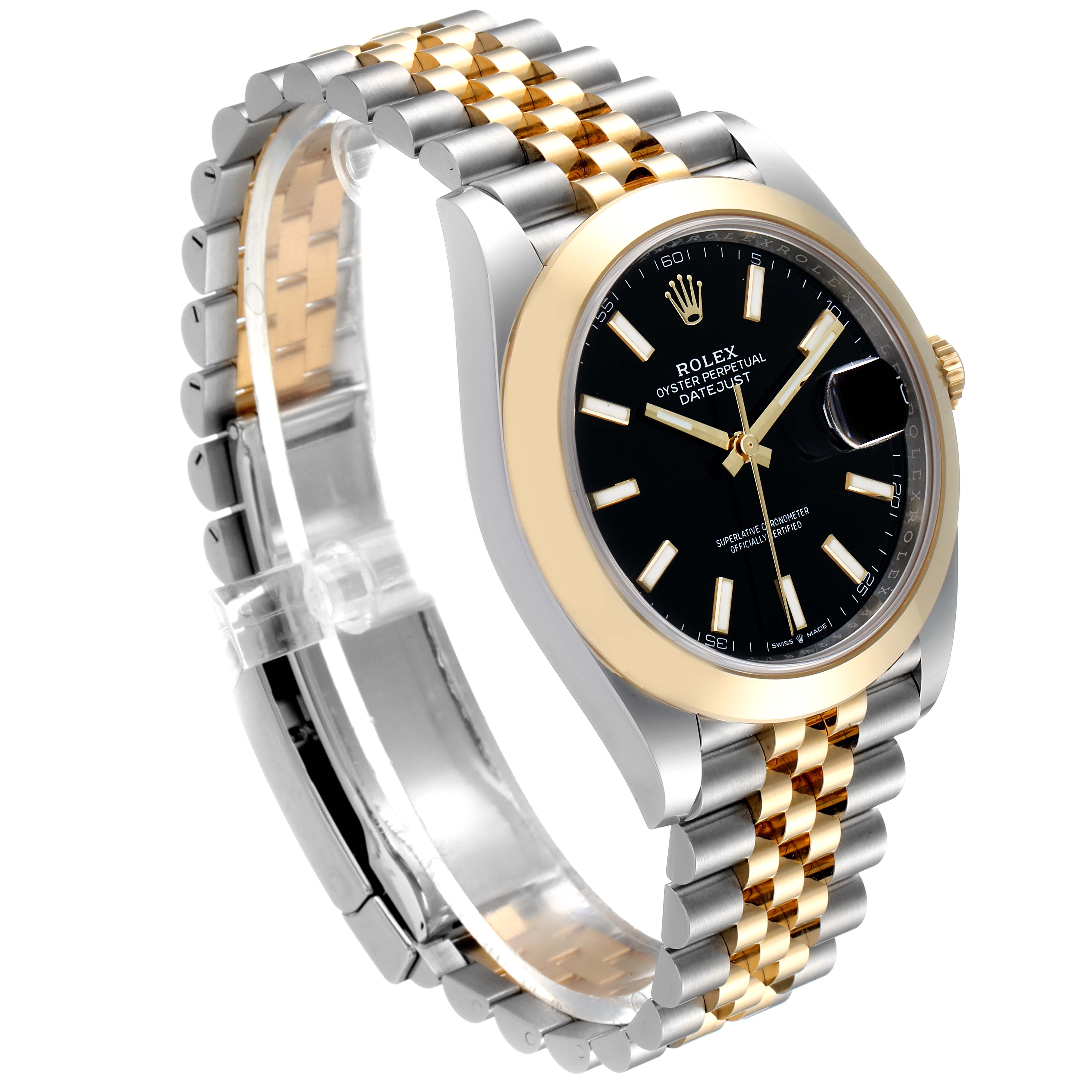 The Rolex Datejust 41 126303 Men's Steel and Gold (two tone) Black Dial 126303 Men's Steel and Gold (two tone) Black Dial model is shown at a slight angle, highlighting its face, bezel, and two-tone bracelet.