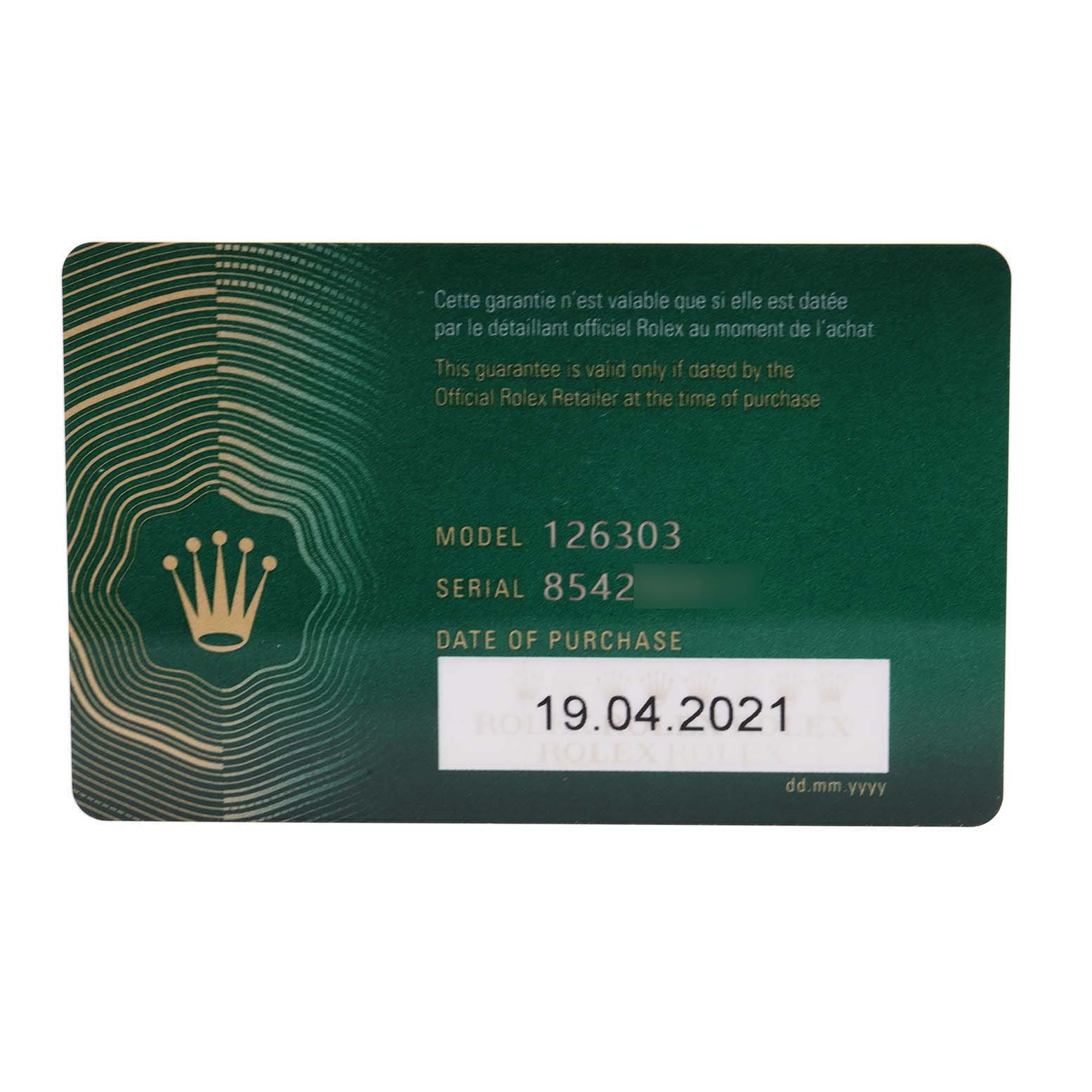 This image shows the warranty card for the Rolex Datejust 41 126303 Men's Steel and Gold (two tone) Black Dial 126303 Men's Steel and Gold (two tone) Black Dial model 126303, displaying the purchase date and serial number.