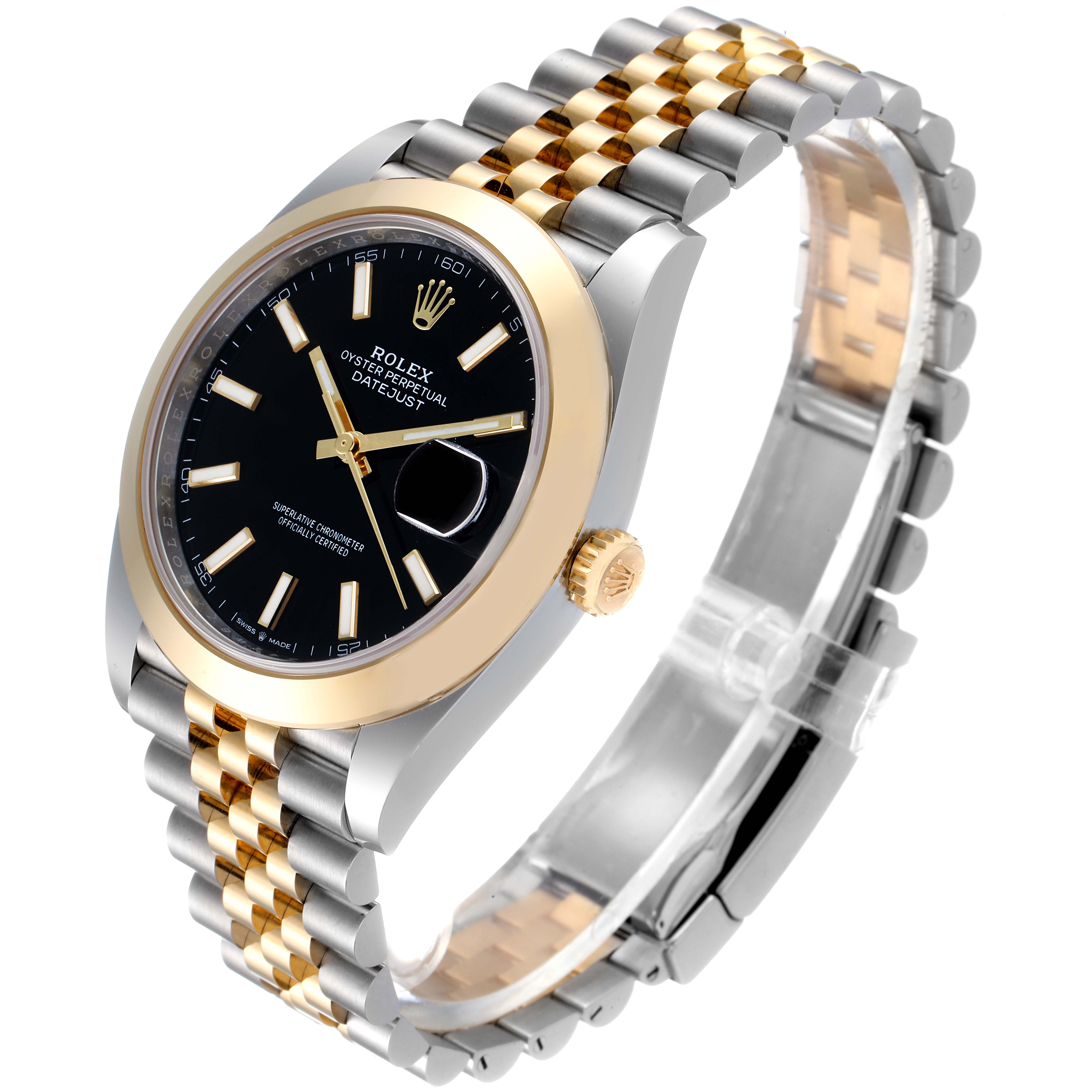 The image shows a side angle of the Rolex Datejust 41 126303 Men's Steel and Gold (two tone) Black Dial 126303 Men's Steel and Gold (two tone) Black Dial watch, highlighting its black dial, gold bezel, and two-tone bracelet.