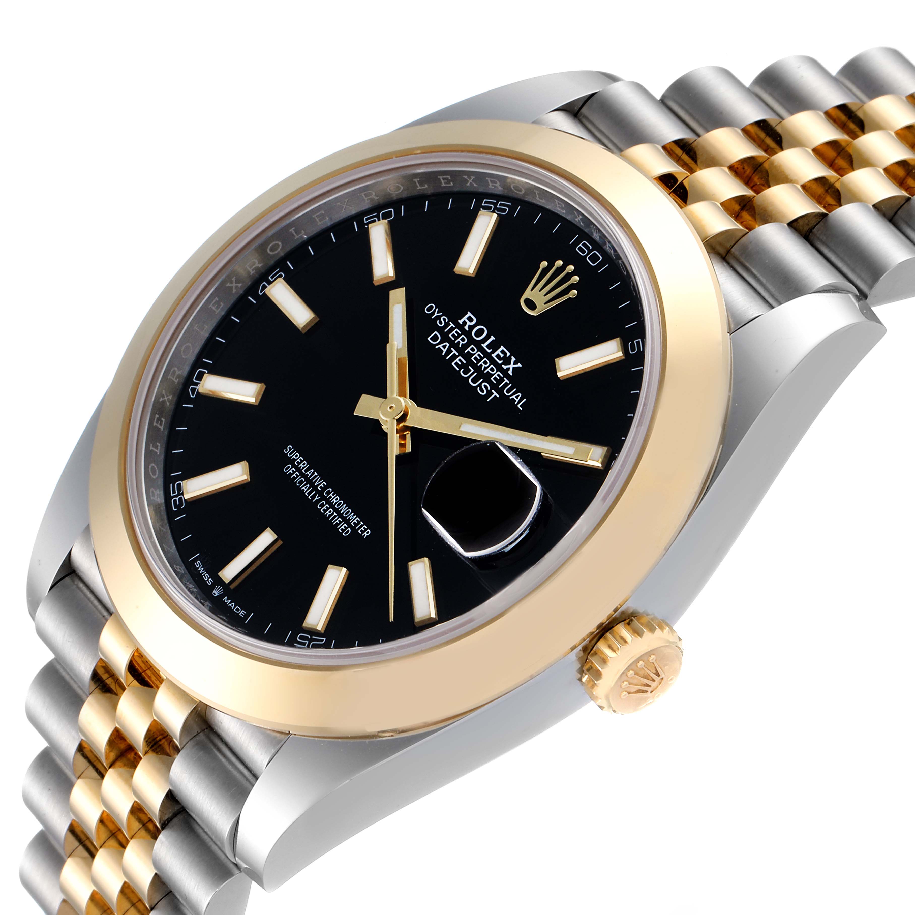 This image shows a close-up angled view of the dial and bracelet of the Rolex Datejust 41 126303 Men's Steel and Gold (two tone) Black Dial 126303 Men's Steel and Gold (two tone) Black Dial model.