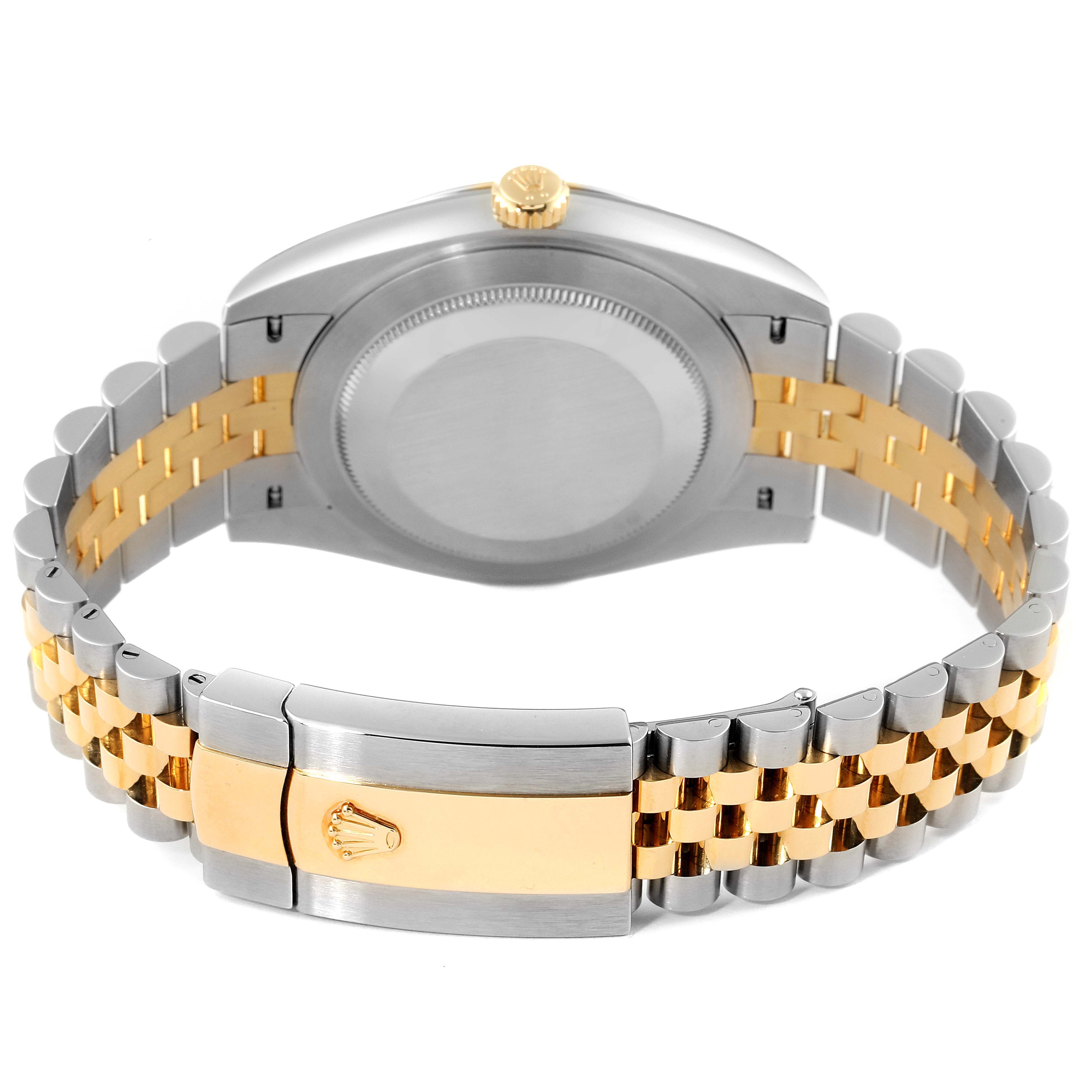 The image shows the back view of the Rolex Datejust 41 126303 Men's Steel and Gold (two tone) Black Dial 126303 Men's Steel and Gold (two tone) Black Dial watch, highlighting its two-tone Jubilee bracelet and clasp.
