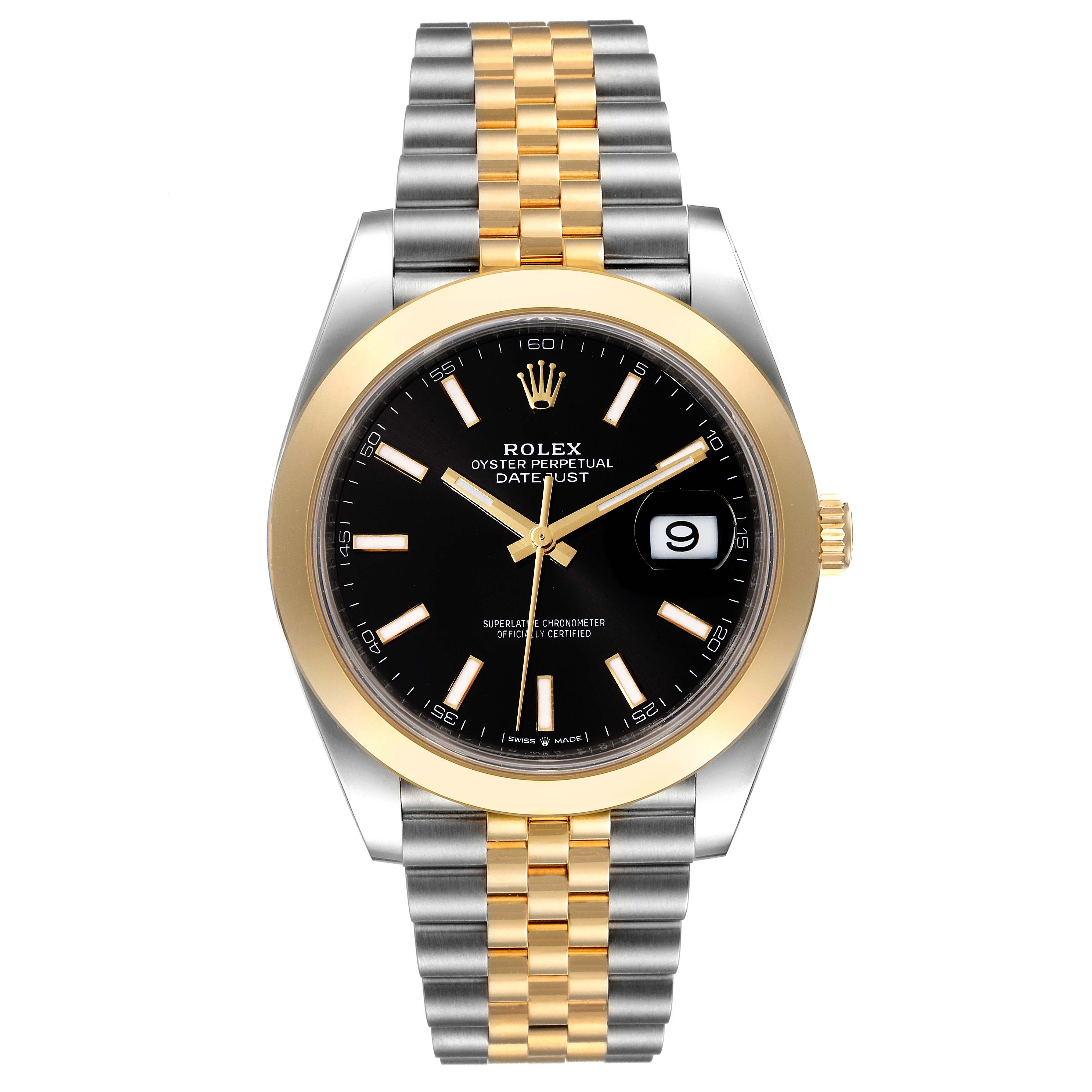 The image shows a front view of the Rolex Datejust 41 126303 Men's Steel and Gold (two tone) Black Dial 126303 Men's Steel and Gold (two tone) Black Dial, highlighting its black dial, gold and silver bezel, and bi-metal bracelet.