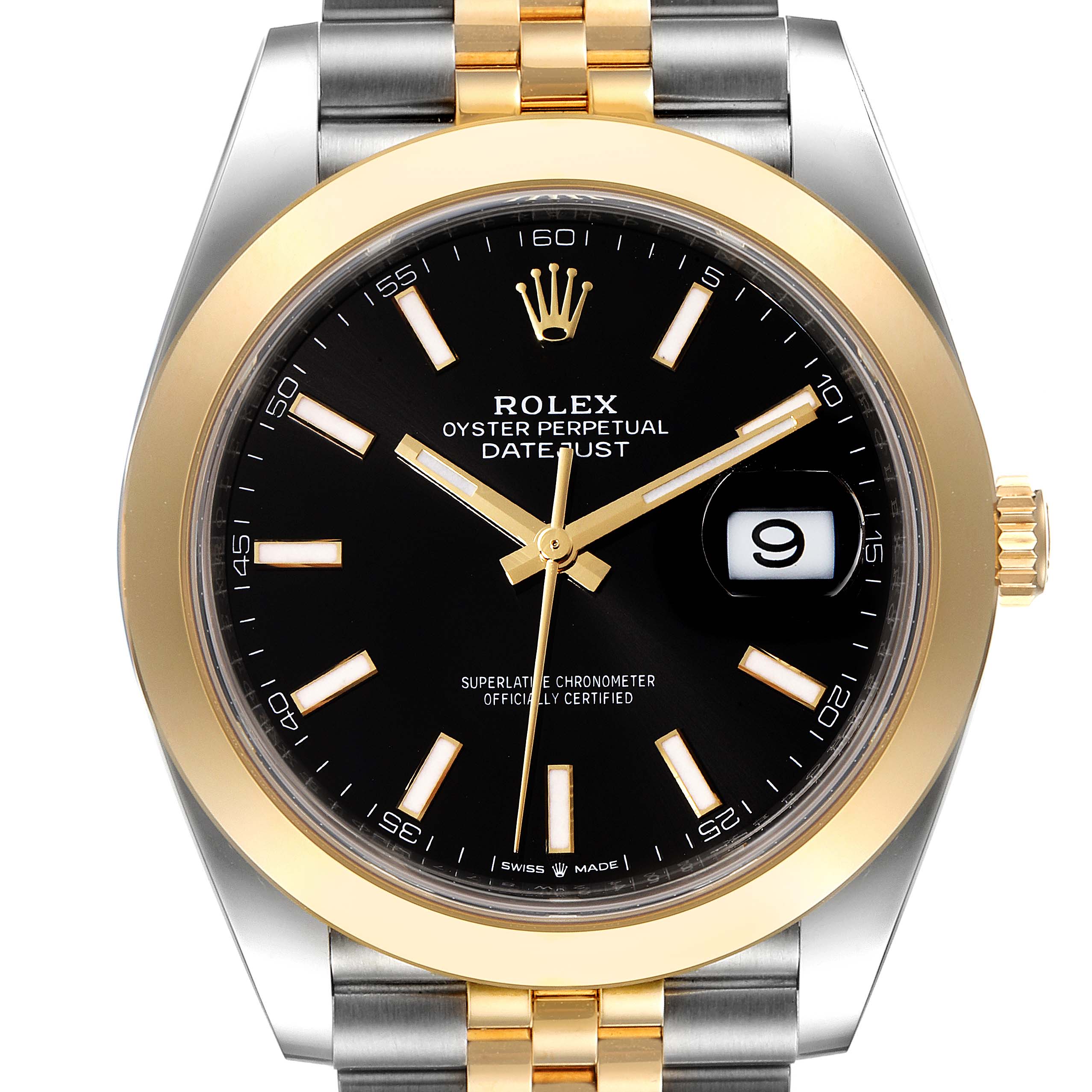 The watch is a Rolex Datejust 41 126303 Men's Steel and Gold (two tone) Black Dial 126303 Men's Steel and Gold (two tone) Black Dial, shown from the front displaying its black dial, gold bezel, date window, and two-tone bracelet.