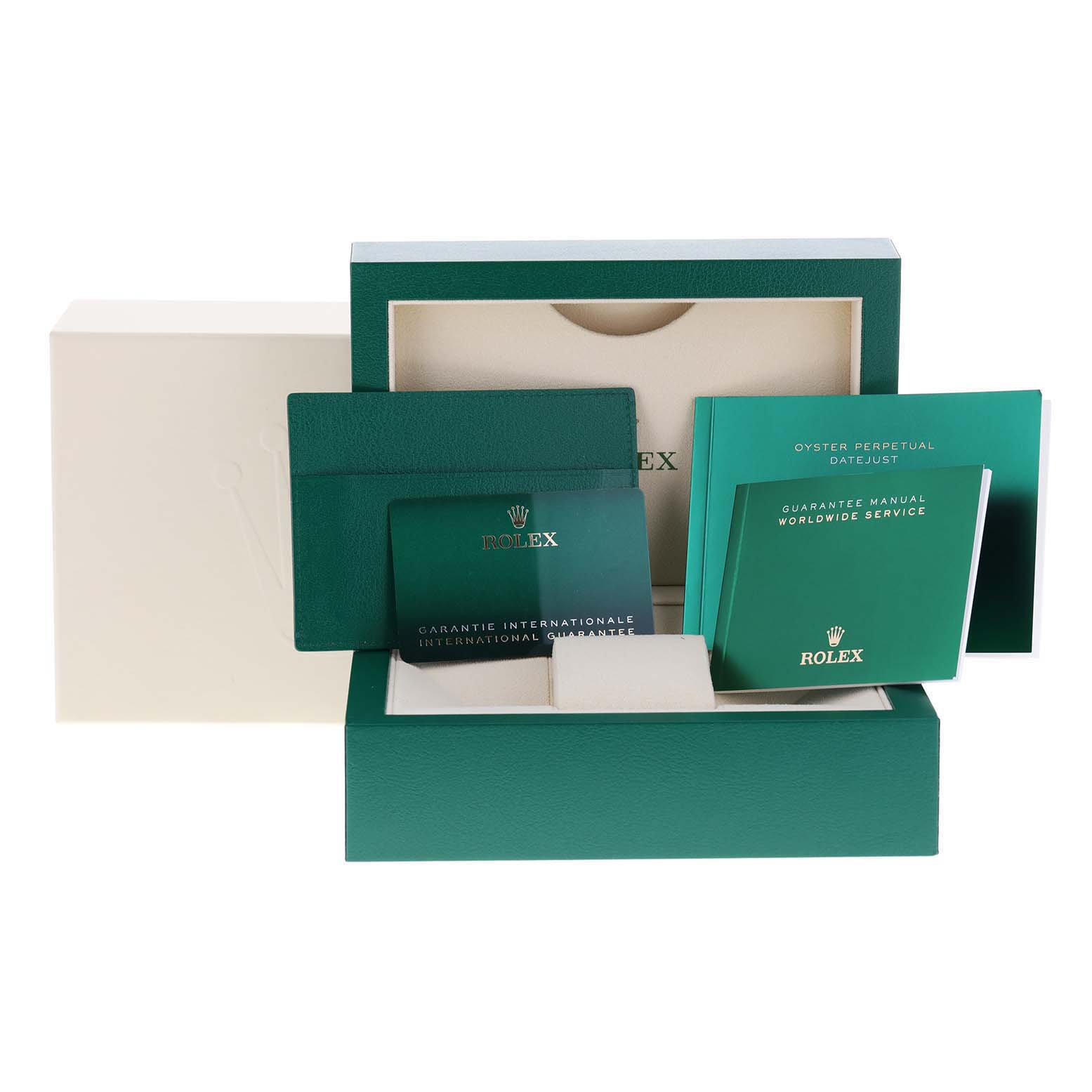 The image shows the packaging and documentation for a Rolex Datejust 41 126303 Men's Steel and Gold (two tone) Black Dial 126303 Men's Steel and Gold (two tone) Black Dial watch, including the box, guarantee manual, and service booklet.