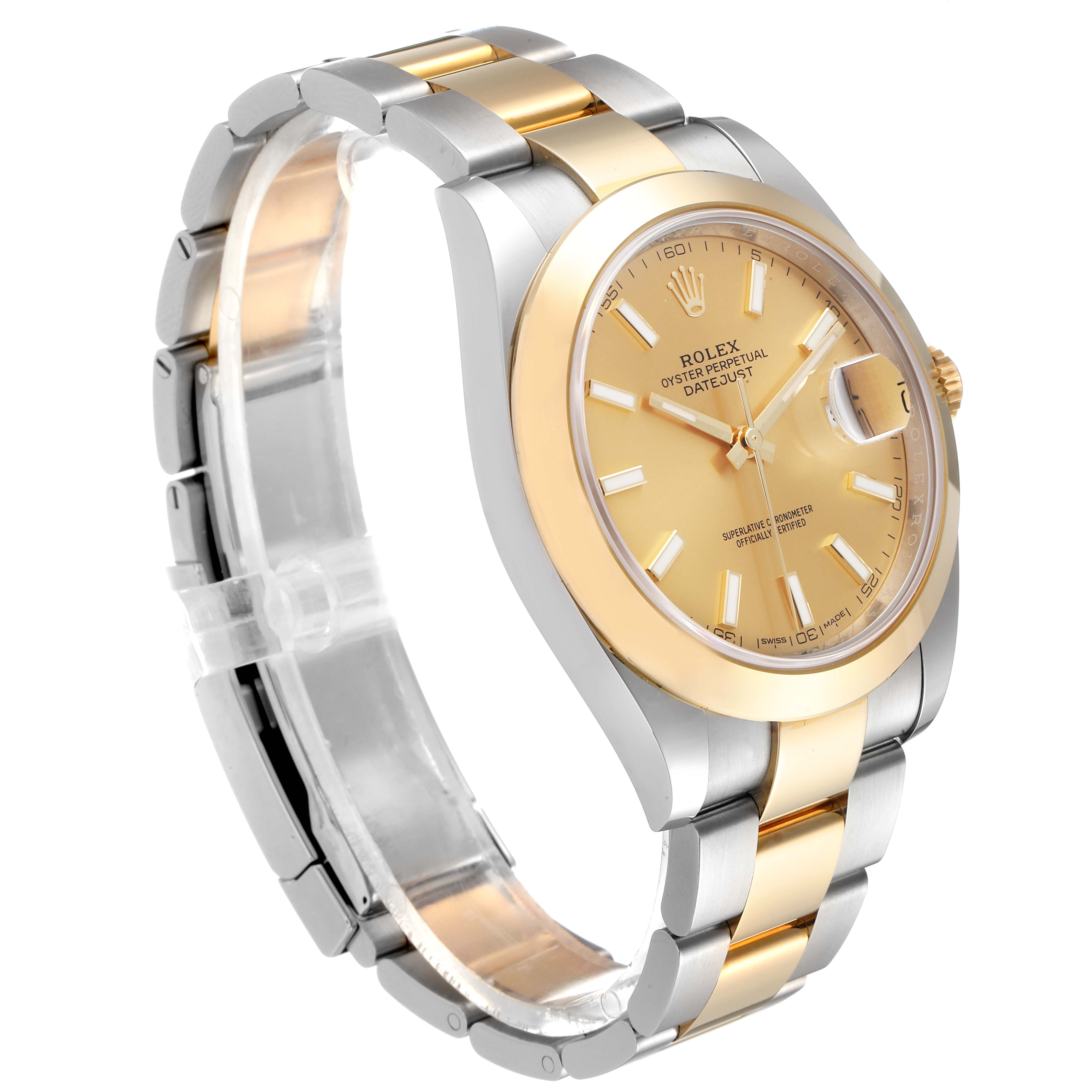 The image shows a Rolex Datejust 41 126303 Men's Steel and Gold (two tone) Champagne Dial 126303 Men's Steel and Gold (two tone) Champagne Dial watch at a three-quarter angle, highlighting its gold and silver bracelet and golden dial.