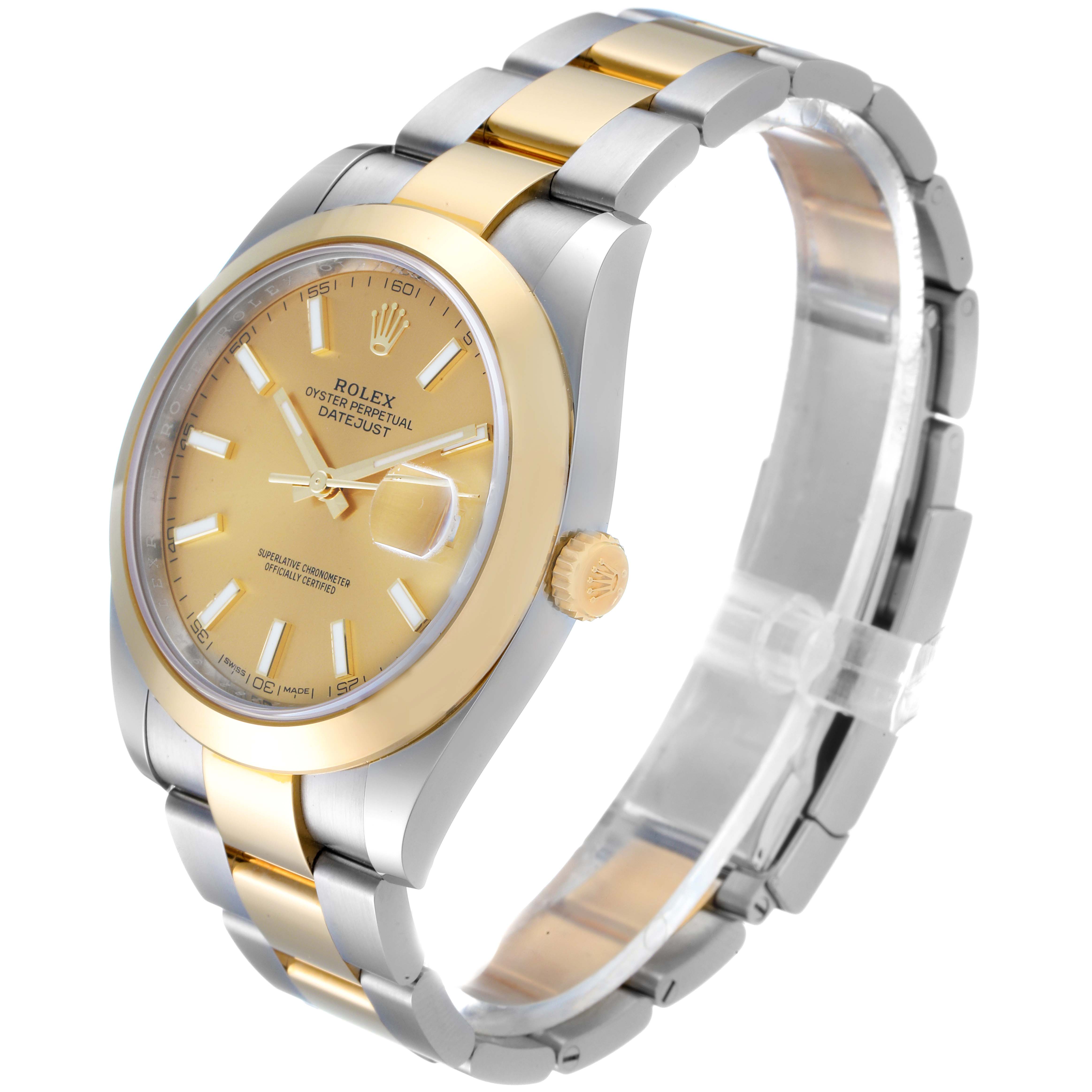 This Rolex Datejust 41 126303 Men's Steel and Gold (two tone) Champagne Dial 126303 Men's Steel and Gold (two tone) Champagne Dial watch is shown at a 45-degree angle, highlighting its gold bezel, dial, crown, and two-tone bracelet.