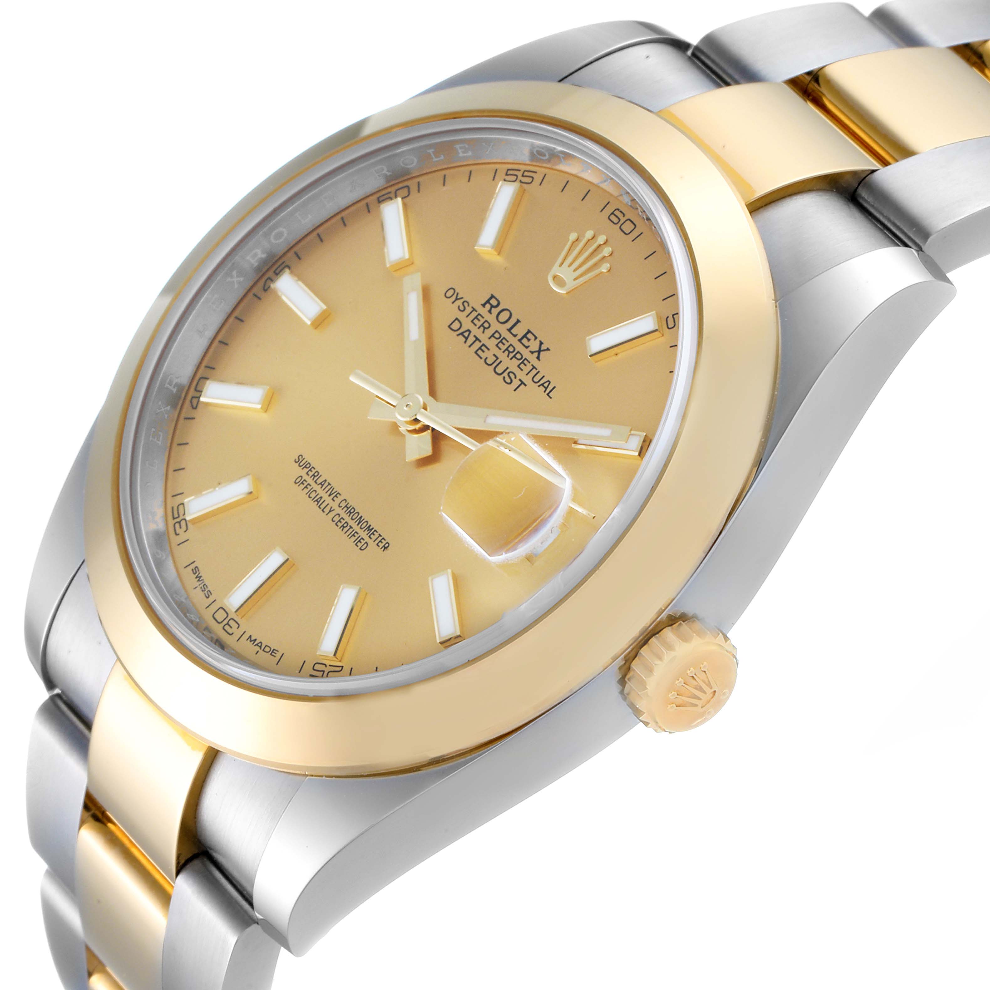 This image shows a close-up side angle of the Rolex Datejust 41 126303 Men's Steel and Gold (two tone) Champagne Dial 126303 Men's Steel and Gold (two tone) Champagne Dial, highlighting the gold bezel, crown, dial, and two-tone bracelet.