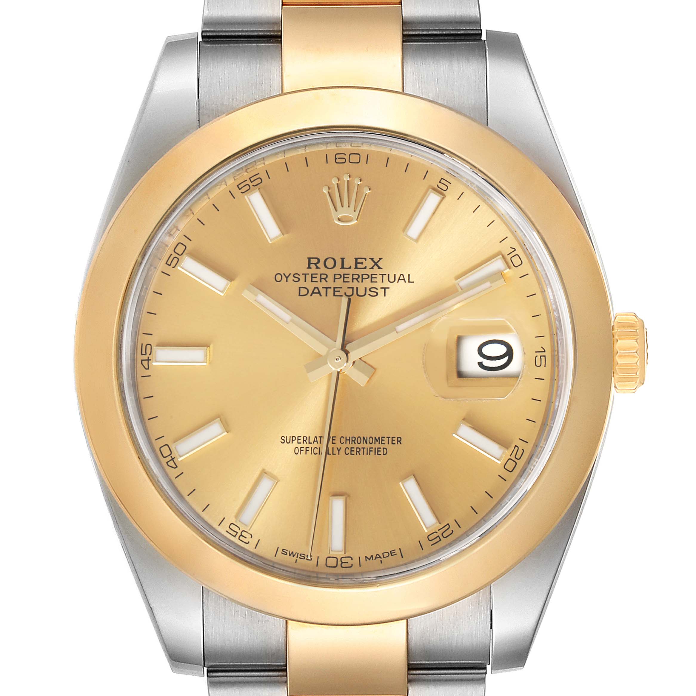 The image shows a close-up front view of a Rolex Datejust 41 126303 Men's Steel and Gold (two tone) Champagne Dial 126303 Men's Steel and Gold (two tone) Champagne Dial watch, highlighting the dial, bezel, and part of the bracelet.