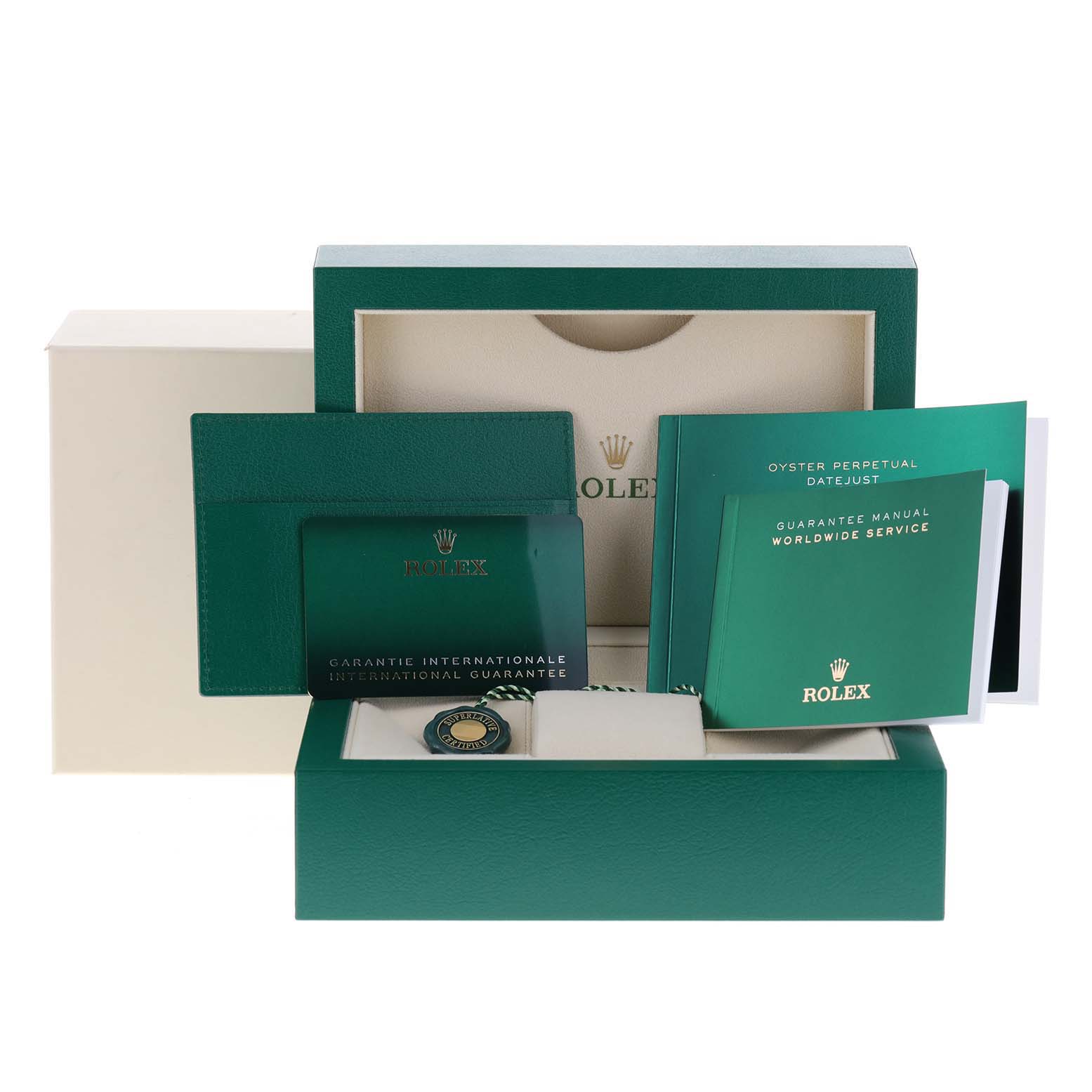 The image shows the Rolex Datejust 41 126303 Men's Steel and Gold (two tone) Champagne Dial 126303 Men's Steel and Gold (two tone) Champagne Dial box and accessories, including warranty cards, manuals, and a tag, from a front angle.