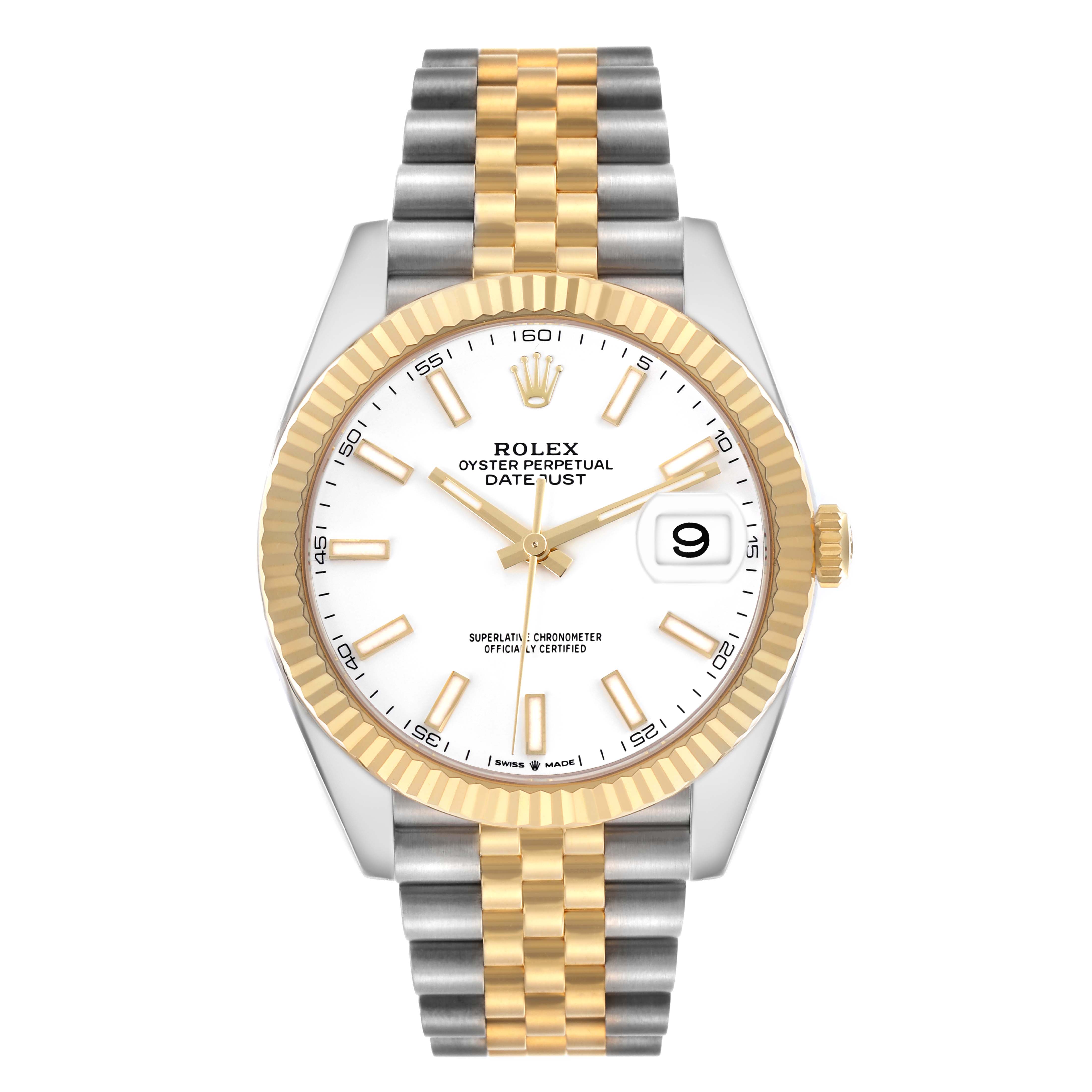 The Rolex Datejust 41 126333 Men's Steel and Gold (two tone) White Dial 126333 Men's Steel and Gold (two tone) White Dial is shown from the front, highlighting the dial, fluted bezel, and two-tone Jubilee bracelet.