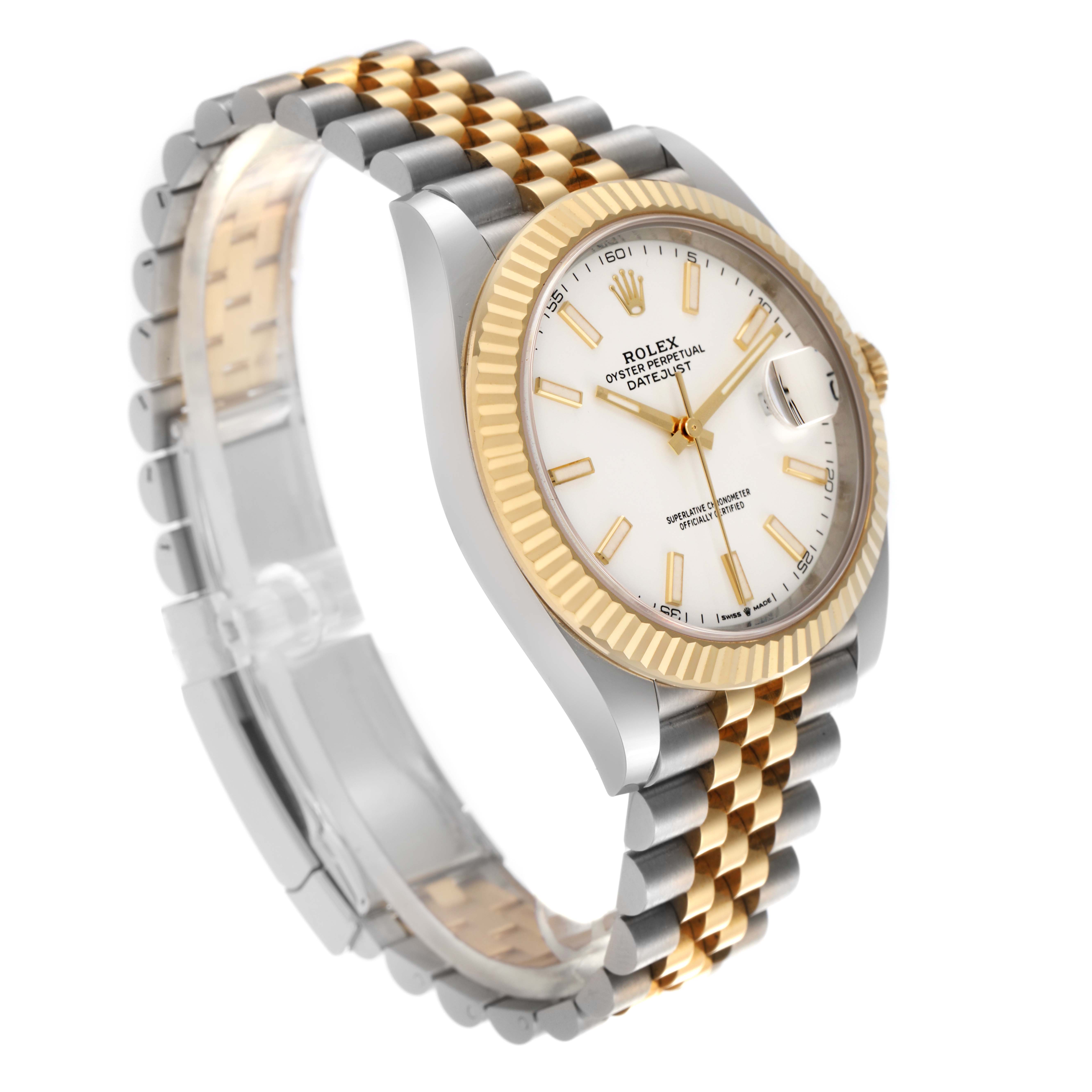The Rolex Datejust 41 126333 Men's Steel and Gold (two tone) White Dial 126333 Men's Steel and Gold (two tone) White Dial is shown at a three-quarter angle, highlighting the bezel, dial, and two-tone bracelet.