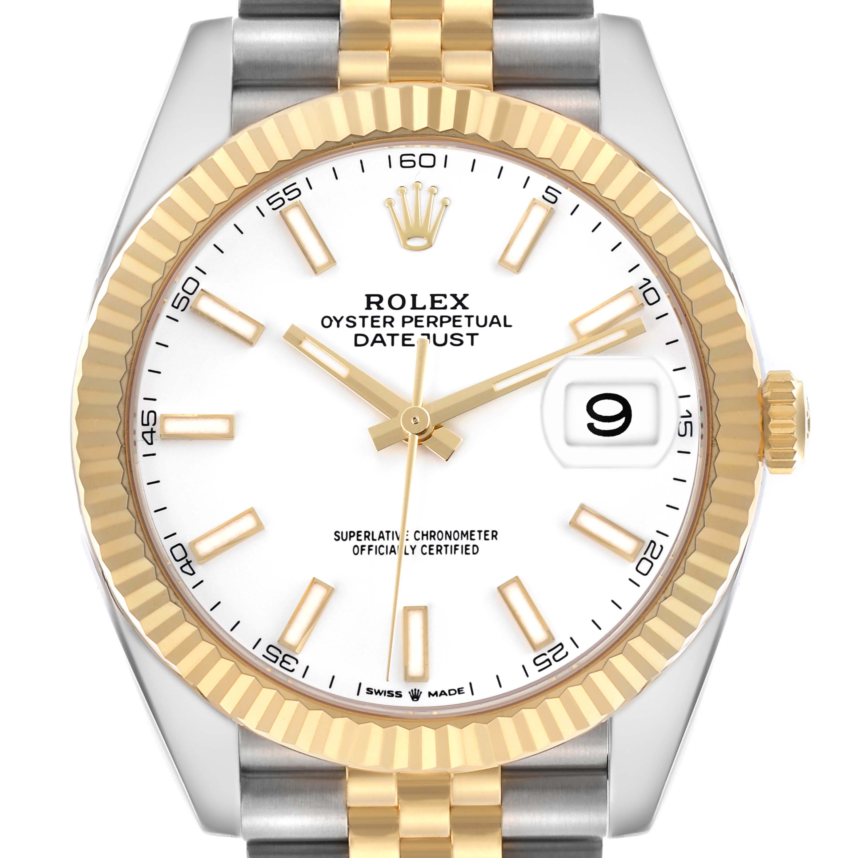 The Rolex Datejust 41 126333 Men's Steel and Gold (two tone) White Dial 126333 Men's Steel and Gold (two tone) White Dial is shown from a front angle, displaying its dial, fluted bezel, and part of the bracelet.