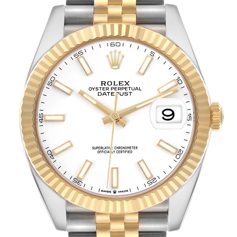 The Rolex Datejust 41 is shown from a front angle, displaying its dial, fluted bezel, and part of the bracelet.