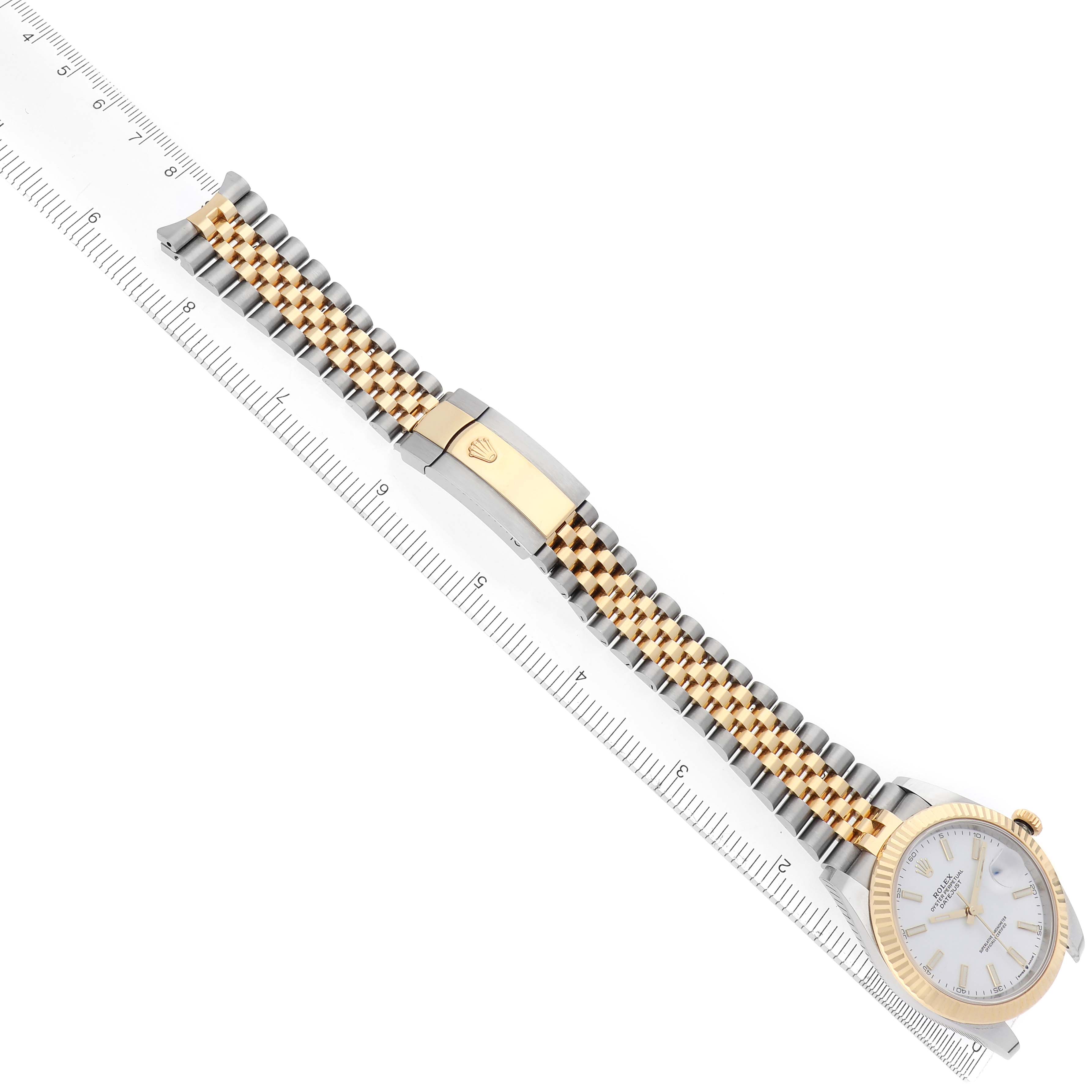 The Rolex Datejust 41 126333 Men's Steel and Gold (two tone) White Dial 126333 Men's Steel and Gold (two tone) White Dial is shown diagonally, featuring the face, bezel, bracelet, and clasp with a two-tone design.