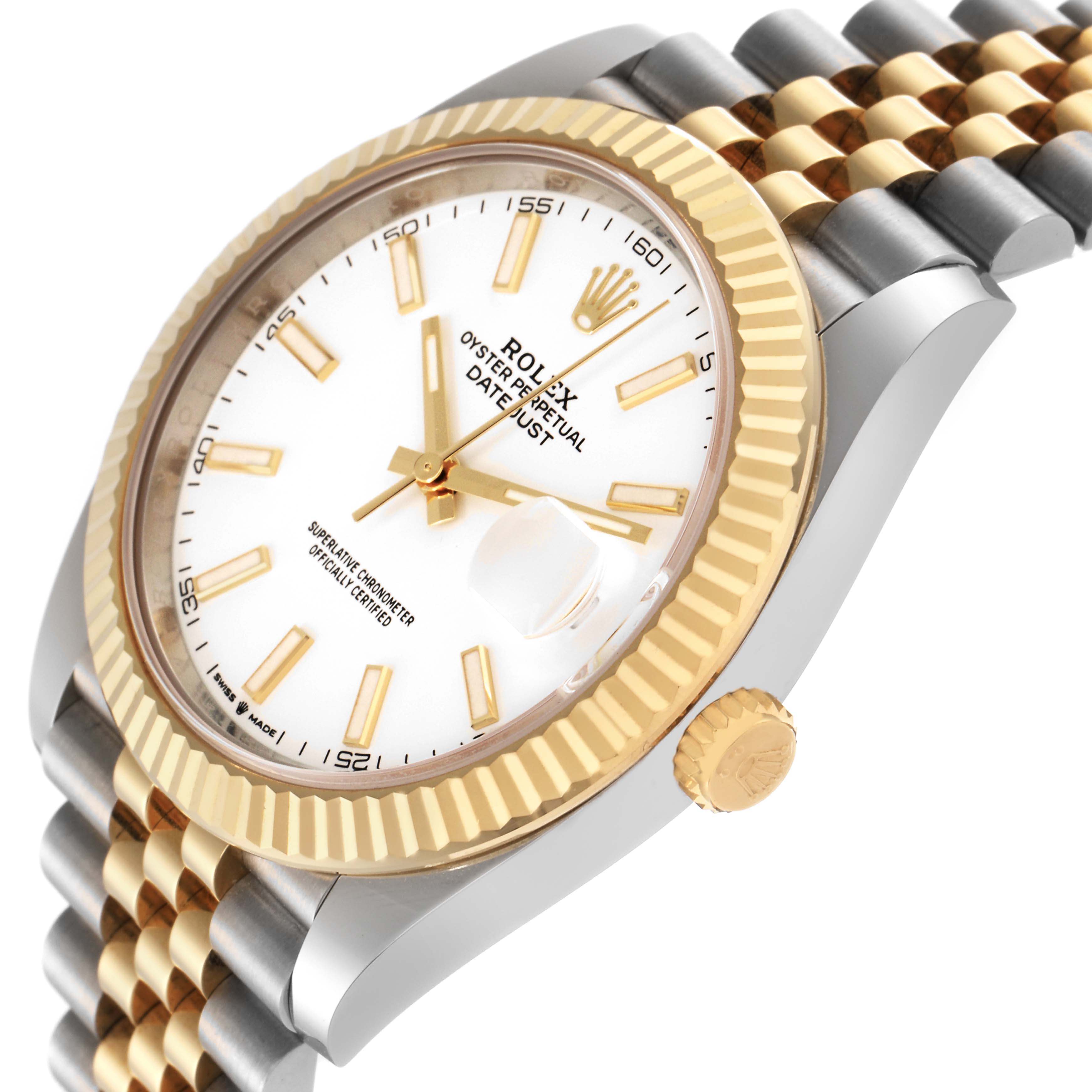 The Rolex Datejust 41 126333 Men's Steel and Gold (two tone) White Dial 126333 Men's Steel and Gold (two tone) White Dial model is shown at an angle displaying the dial, fluted bezel, crown, and part of the jubilee bracelet.