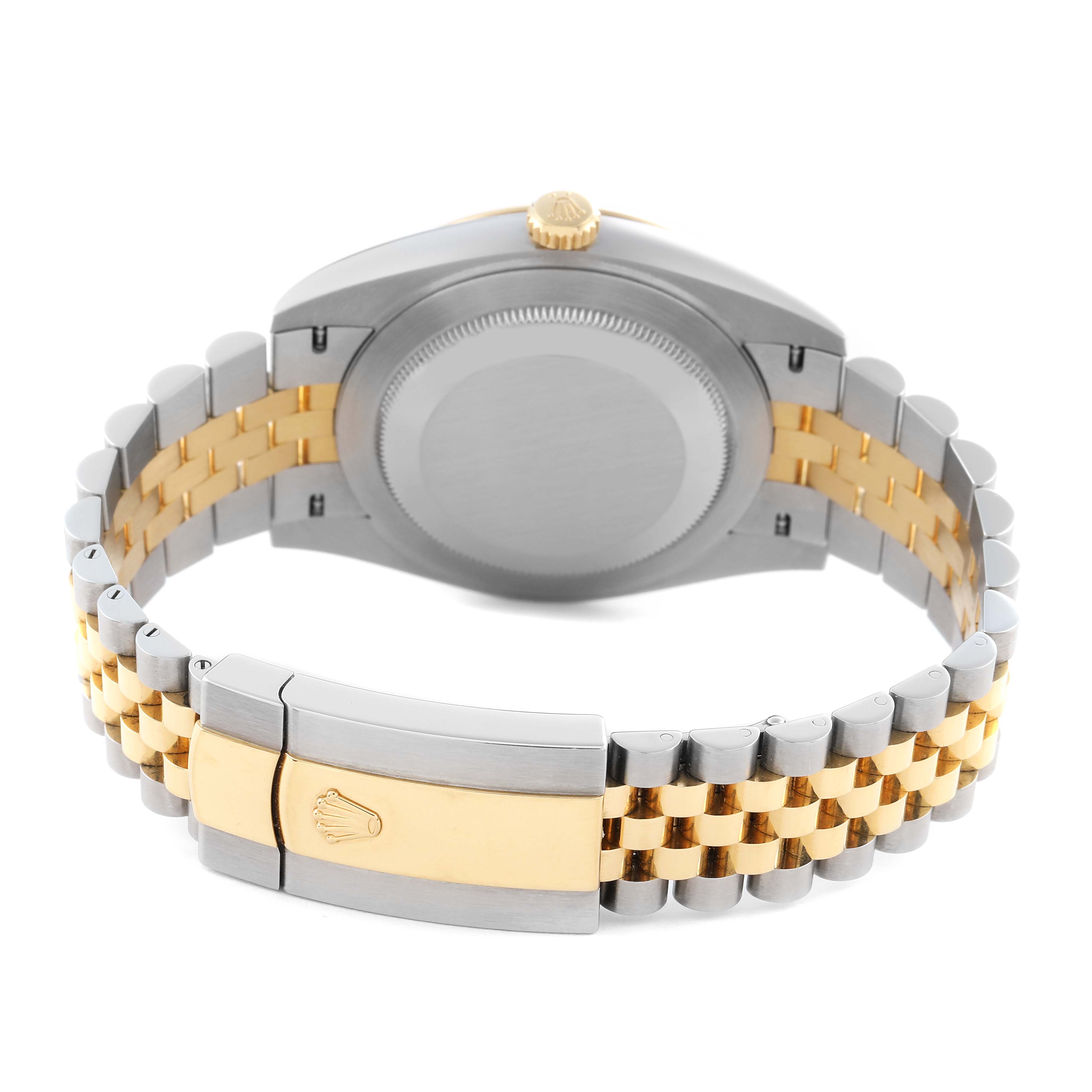 The image shows the back of a Rolex Datejust 41 126333 Men's Steel and Gold (two tone) White Dial 126333 Men's Steel and Gold (two tone) White Dial watch, including the case back and Jubilee bracelet with a visible clasp.