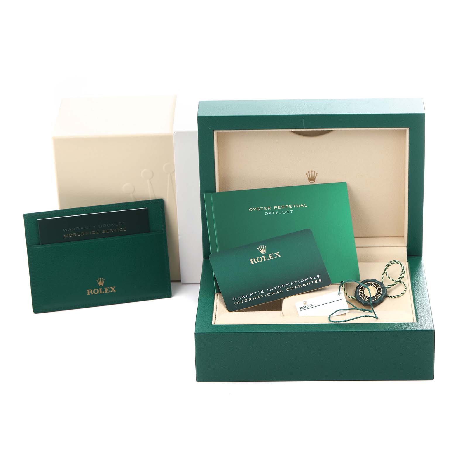 The image shows the Rolex Datejust 41 126333 Men's Steel and Gold (two tone) White Dial 126333 Men's Steel and Gold (two tone) White Dial packaging, warranty booklets, guarantee card, and a hang tag.