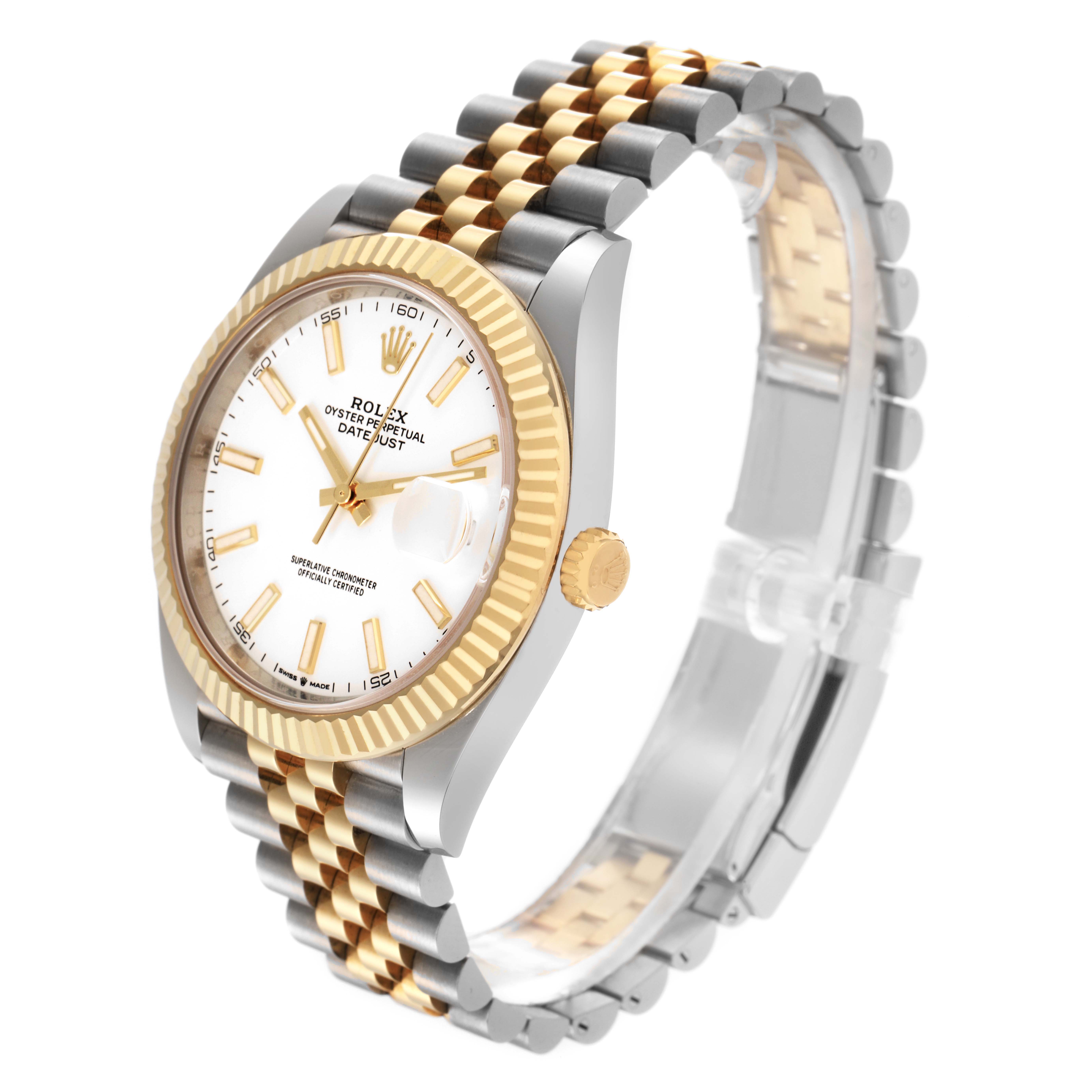 The Rolex Datejust 41 126333 Men's Steel and Gold (two tone) White Dial 126333 Men's Steel and Gold (two tone) White Dial is shown at a three-quarter angle, displaying the face, fluted bezel, crown, and jubilee bracelet.