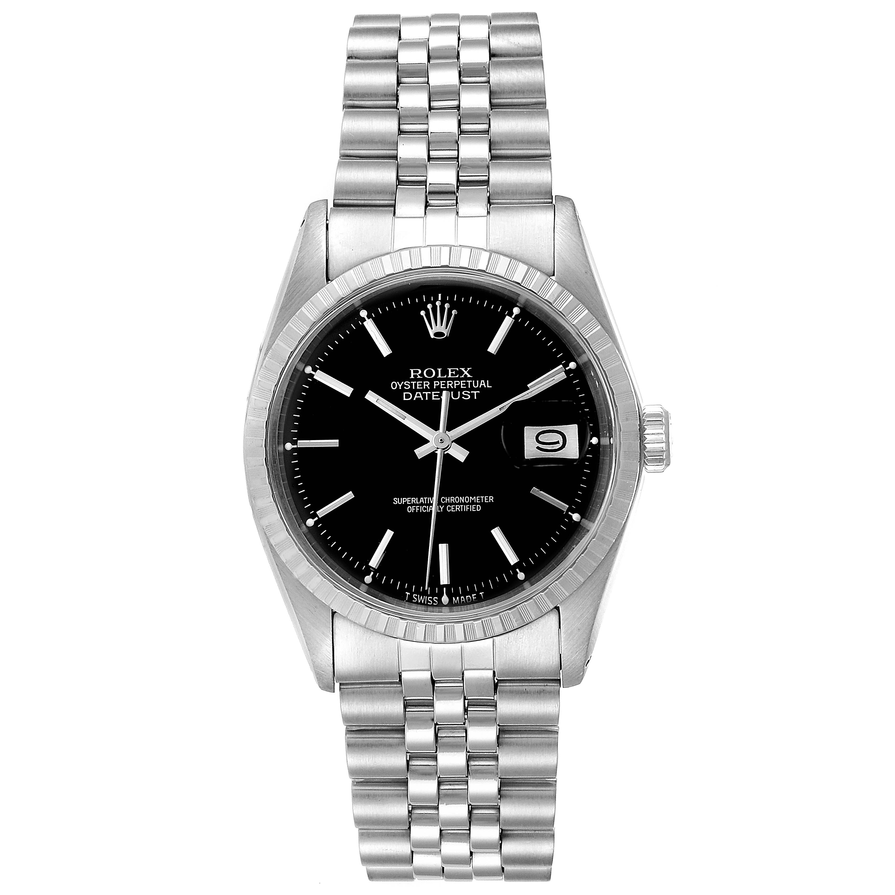 The image shows a front view of a Rolex Datejust 1603 Men's Stainless Steel Black Dial 1603 Men's Stainless Steel Black Dial watch featuring its black dial, Jubilee bracelet, and date complication.