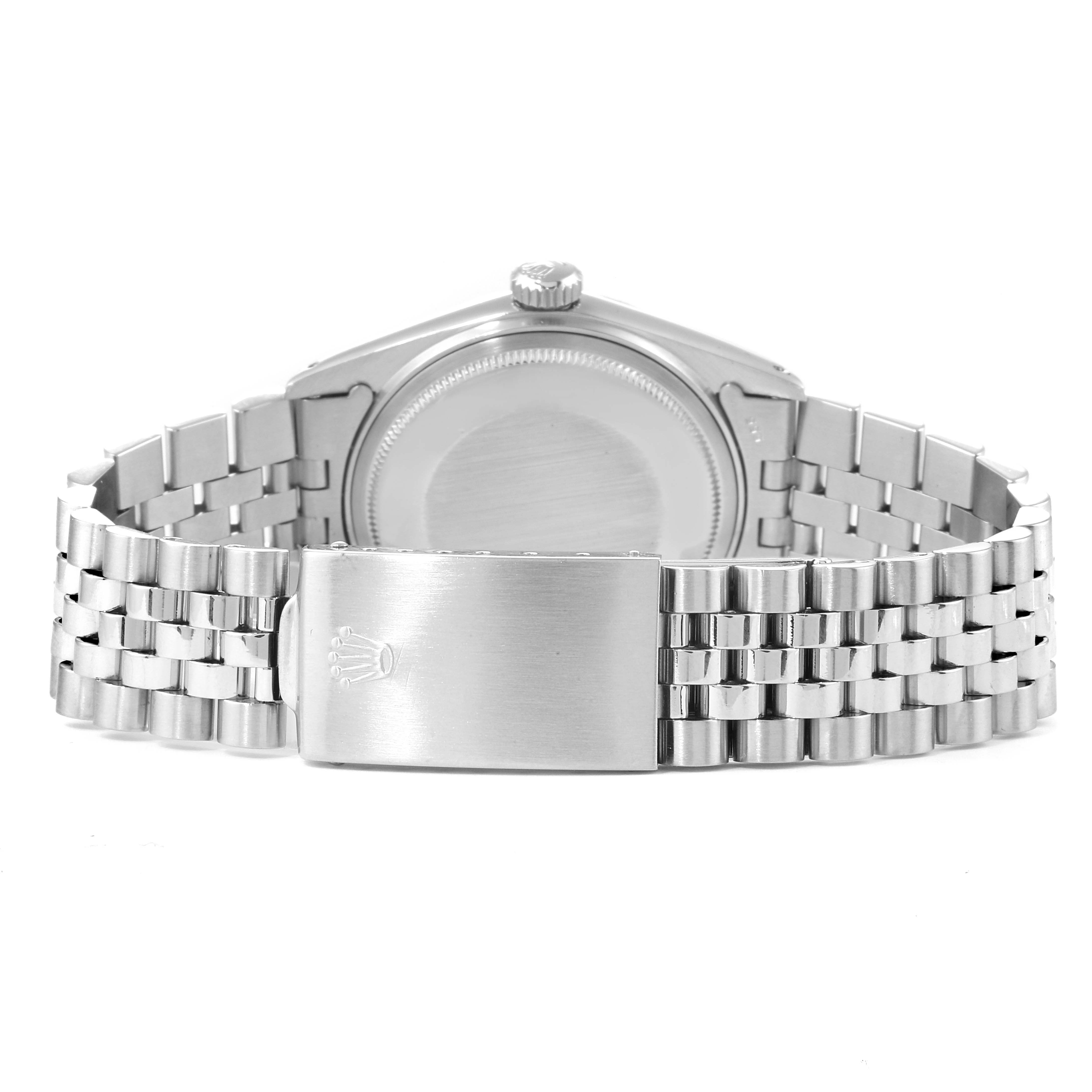 This image shows the back view of a Rolex Datejust 1603 Men's Stainless Steel Black Dial 1603 Men's Stainless Steel Black Dial watch, highlighting its case back and Jubilee bracelet clasp.