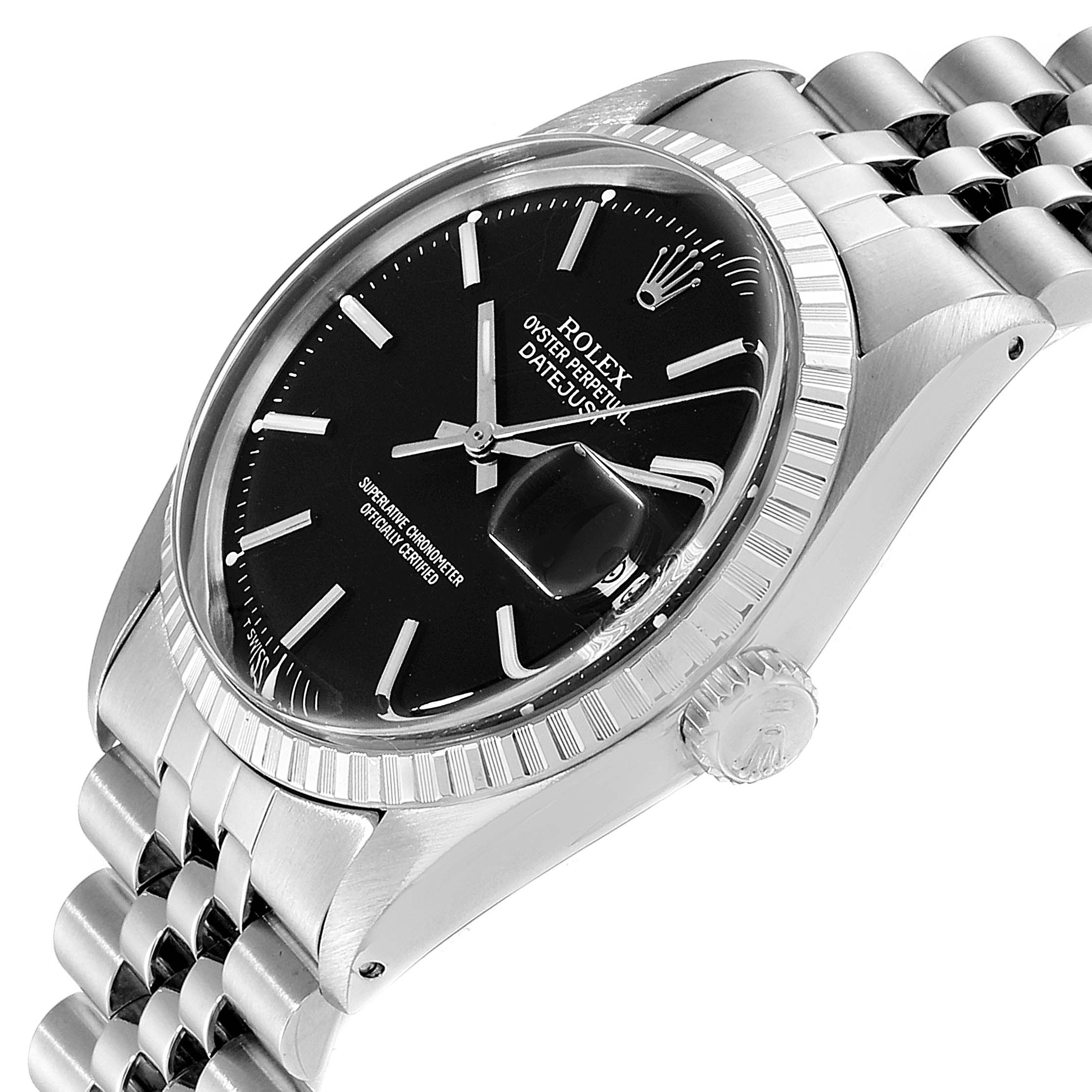 This image shows a Rolex Datejust 1603 Men's Stainless Steel Black Dial 1603 Men's Stainless Steel Black Dial watch at an angle displaying the face, bezel, bracelet, and crown.