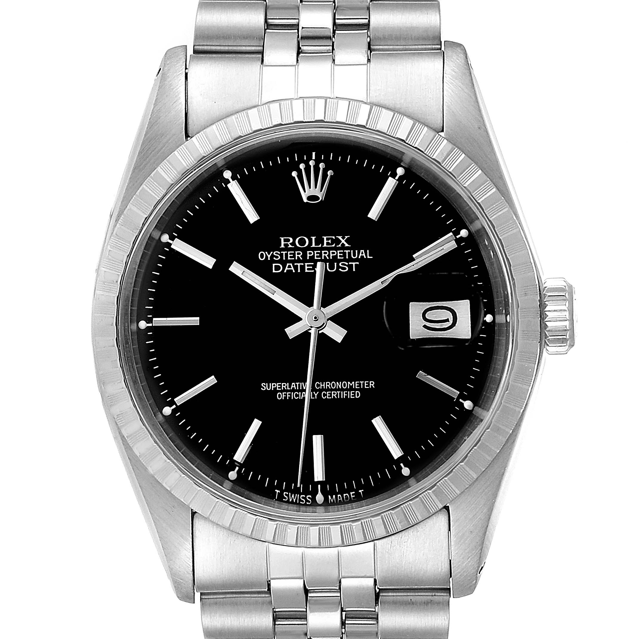 The image shows a front view of a Rolex Datejust 1603 Men's Stainless Steel Black Dial 1603 Men's Stainless Steel Black Dial watch, displaying its black dial, fluted bezel, and stainless steel bracelet.