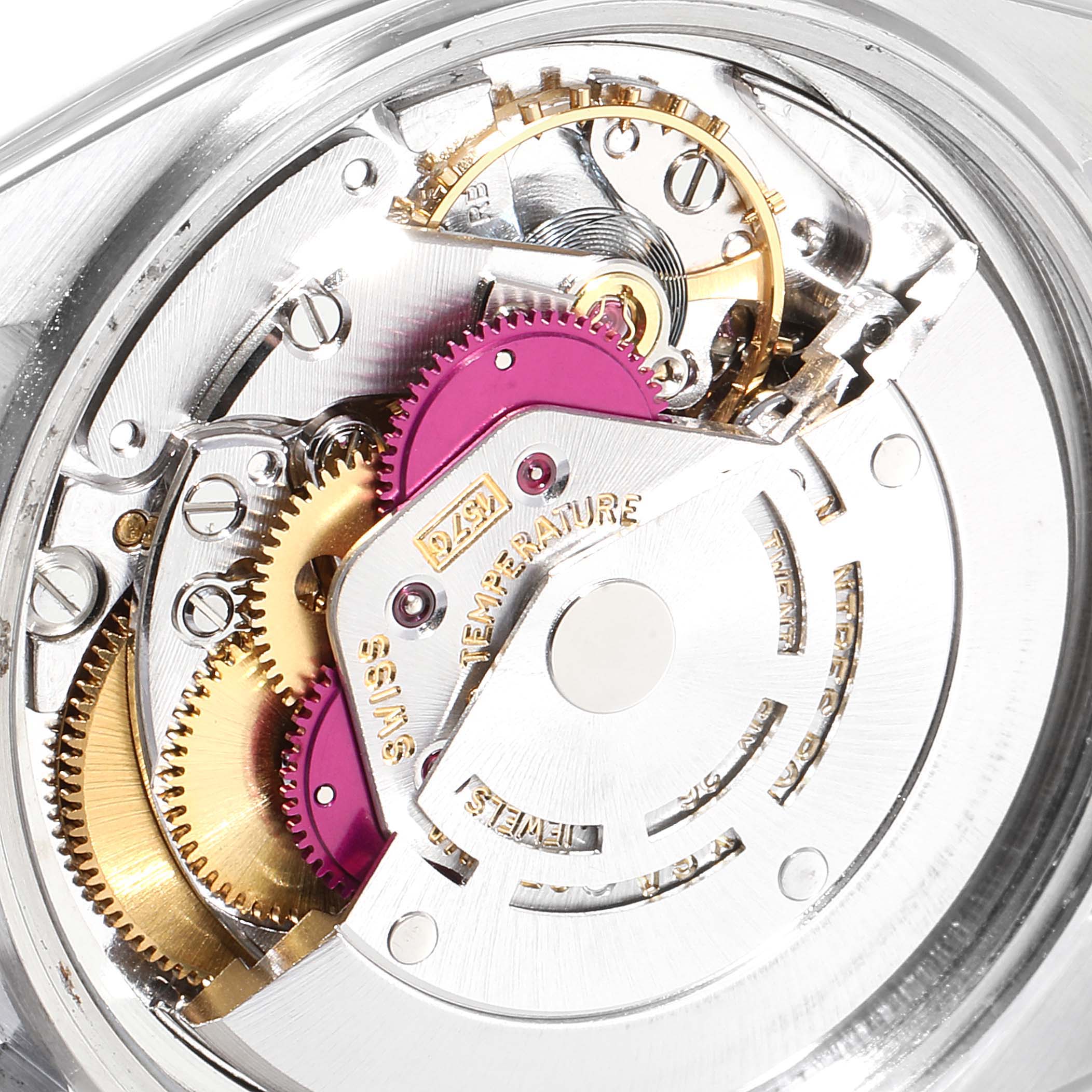 Close-up of the Rolex Datejust 1603 Men's Stainless Steel Black Dial 1603 Men's Stainless Steel Black Dial watch movement showing intricate gears and mechanical components.