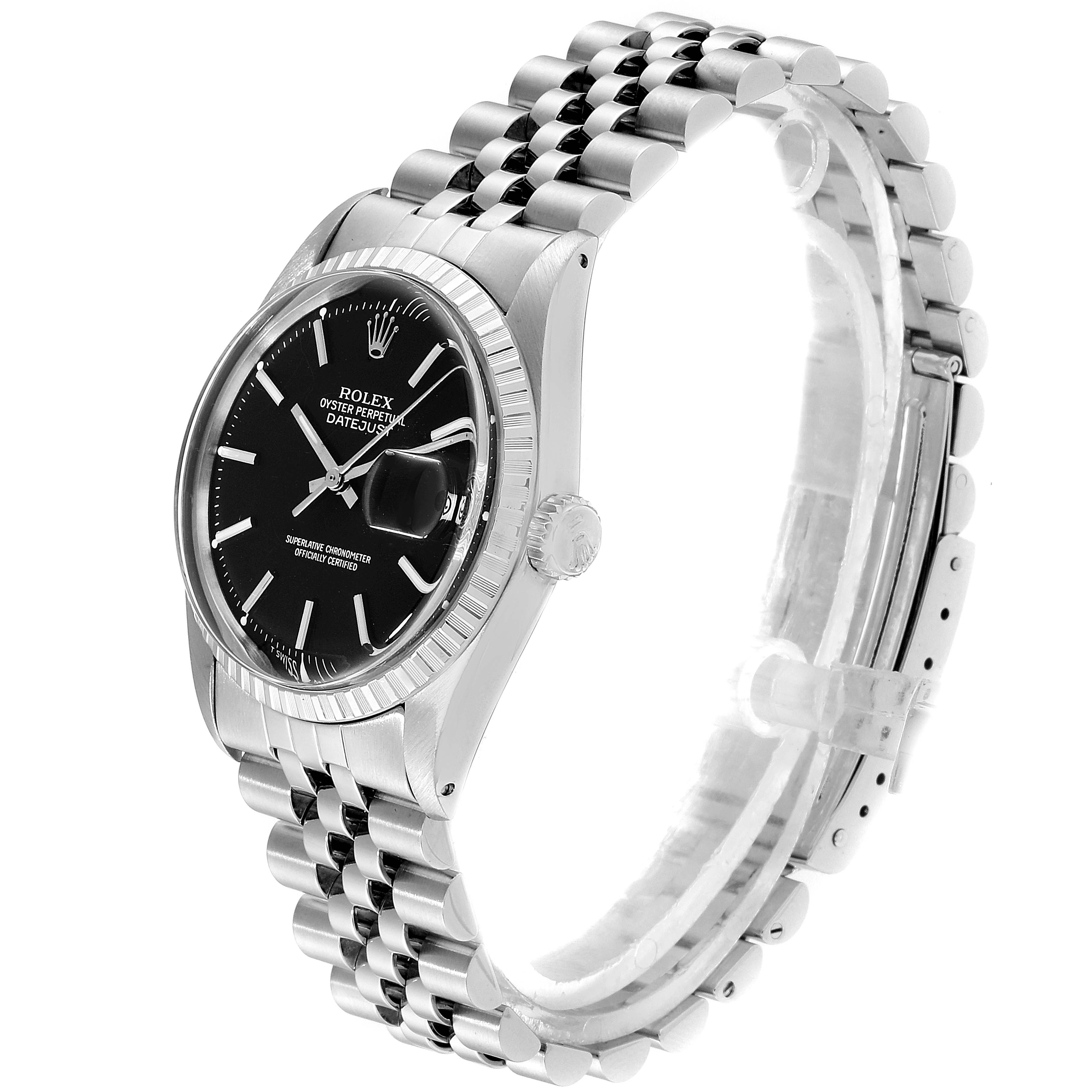 The image shows a side angle of a Rolex Datejust 1603 Men's Stainless Steel Black Dial 1603 Men's Stainless Steel Black Dial watch, featuring the dial, crown, and part of the bracelet.