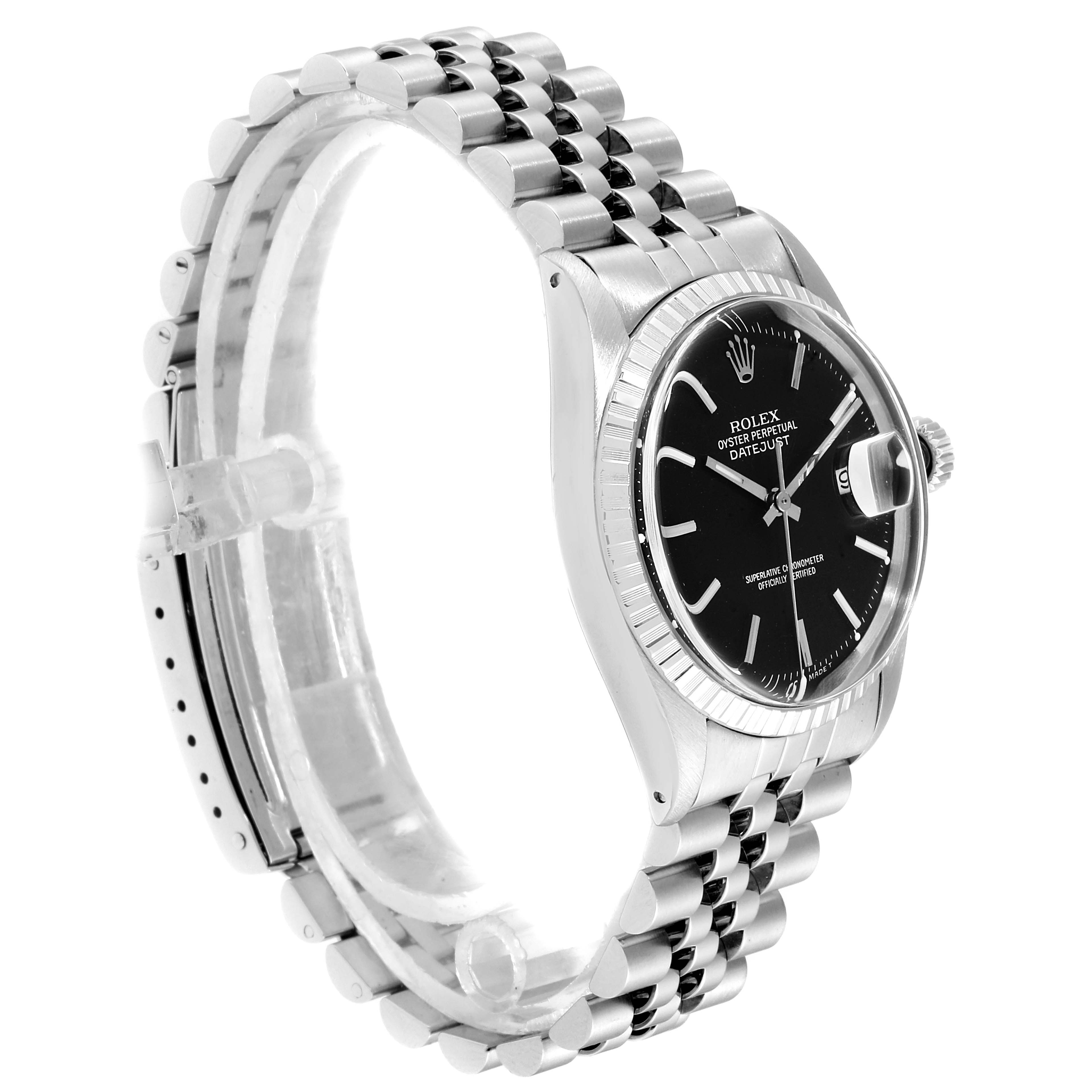 The Rolex Datejust 1603 Men's Stainless Steel Black Dial 1603 Men's Stainless Steel Black Dial watch is shown from a three-quarter angle, displaying the bezel, crown, dial, and bracelet.
