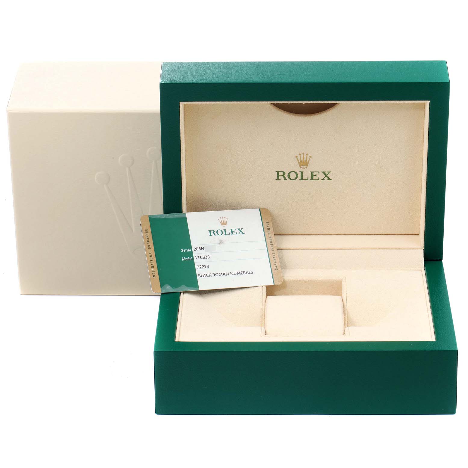 The image shows a Rolex Datejust 41 116333 Men's Steel and Gold (two tone) Black Dial 116333 Men's Steel and Gold (two tone) Black Dial watch box, cardholder, and packaging, viewed from the front.