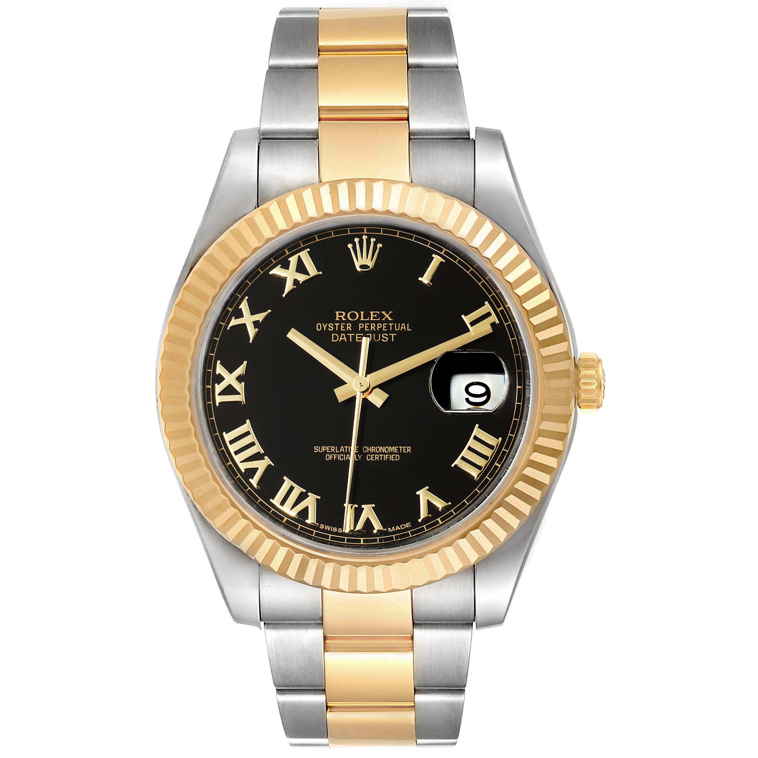 This Rolex Datejust 41 116333 Men's Steel and Gold (two tone) Black Dial 116333 Men's Steel and Gold (two tone) Black Dial watch is shown from a front angle, displaying the black dial, gold bezel, and two-tone bracelet.