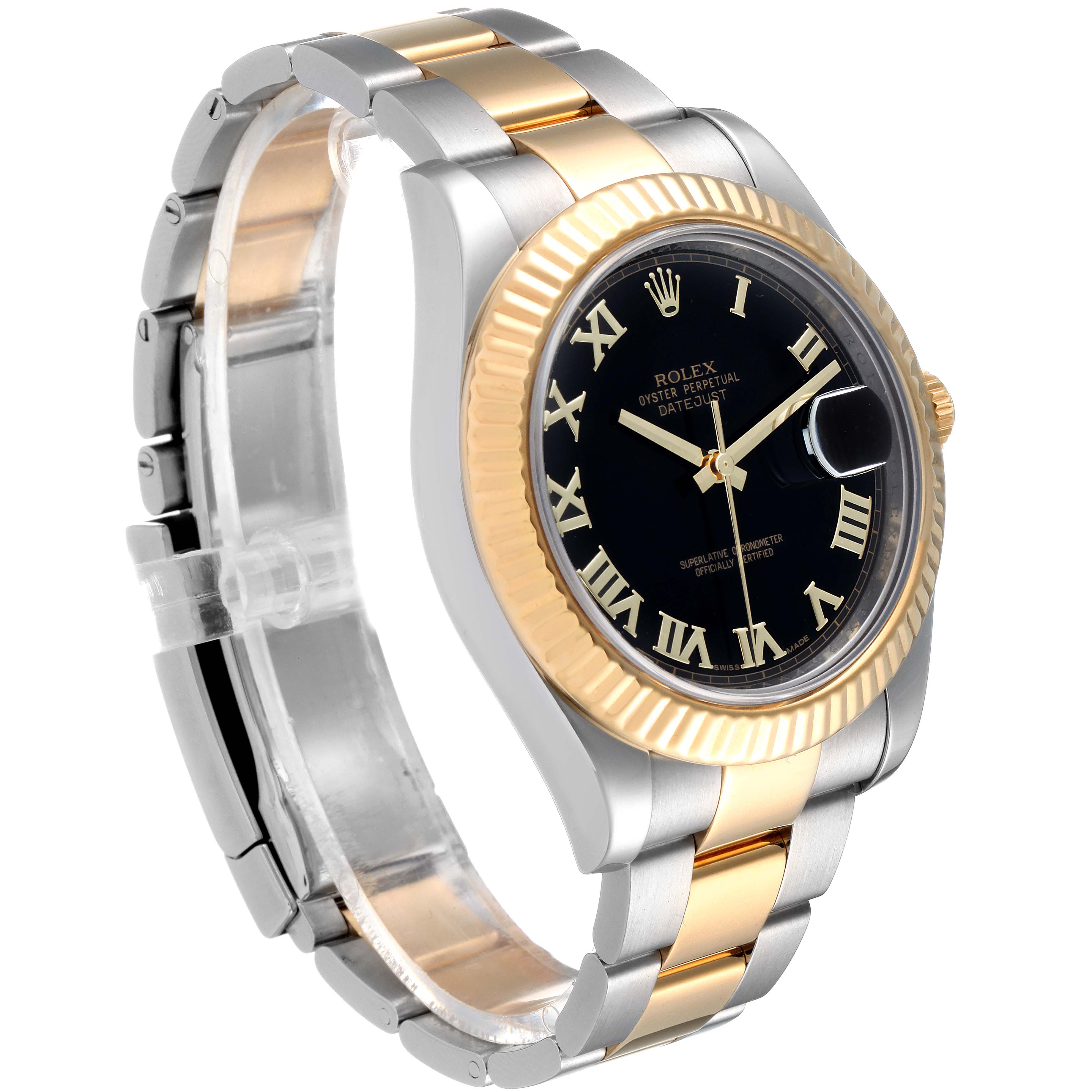 The Rolex Datejust 41 116333 Men's Steel and Gold (two tone) Black Dial 116333 Men's Steel and Gold (two tone) Black Dial watch is shown from a front-right angle, displaying the dial, bezel, case, and bracelet.