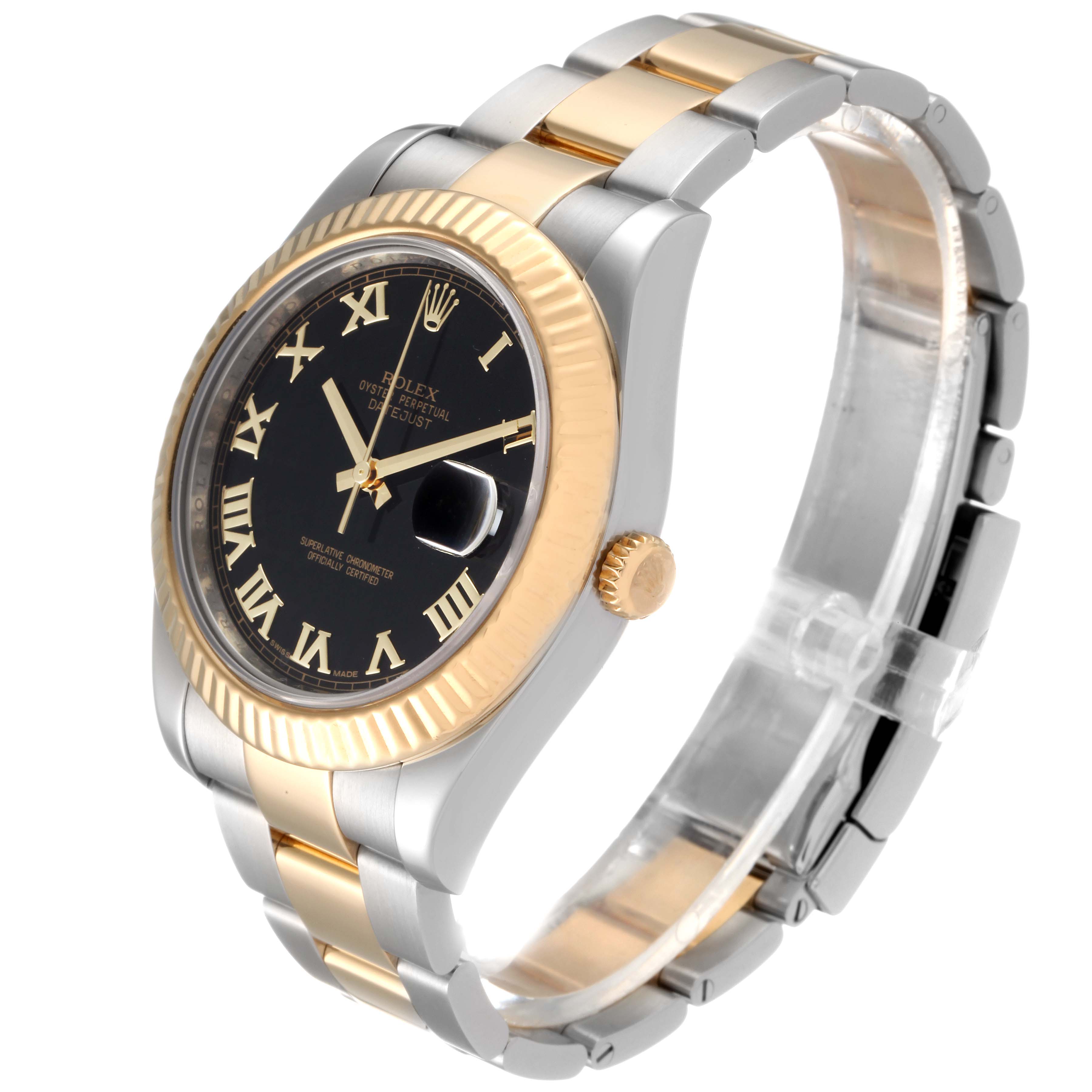 The image shows a Rolex Datejust 41 116333 Men's Steel and Gold (two tone) Black Dial 116333 Men's Steel and Gold (two tone) Black Dial model watch at an angled side view, highlighting the two-tone bracelet, fluted bezel, and black dial with Roman numerals.