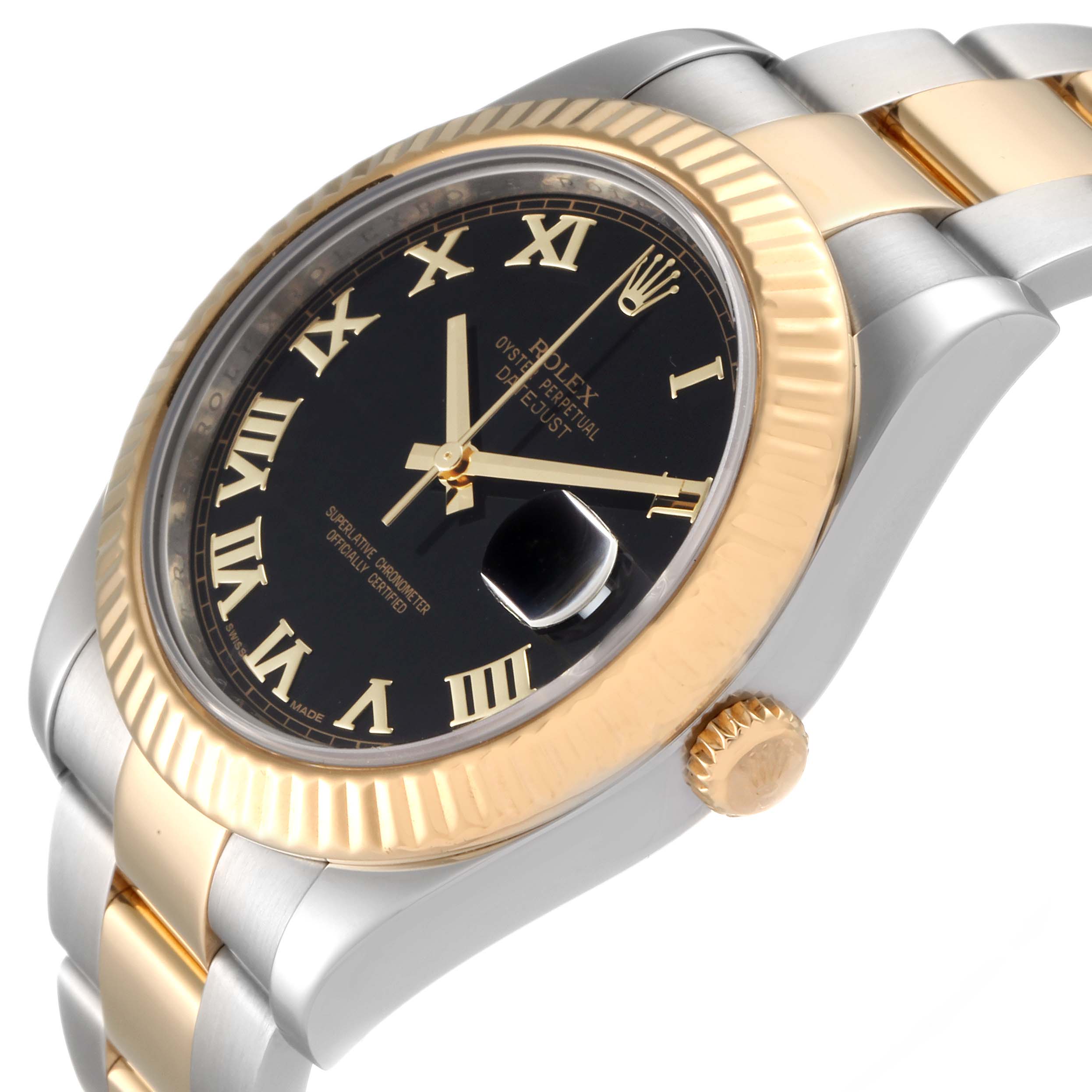 The image shows a Rolex Datejust 41 116333 Men's Steel and Gold (two tone) Black Dial 116333 Men's Steel and Gold (two tone) Black Dial watch from an angled side view, highlighting its bezel, dial, and bracelet.